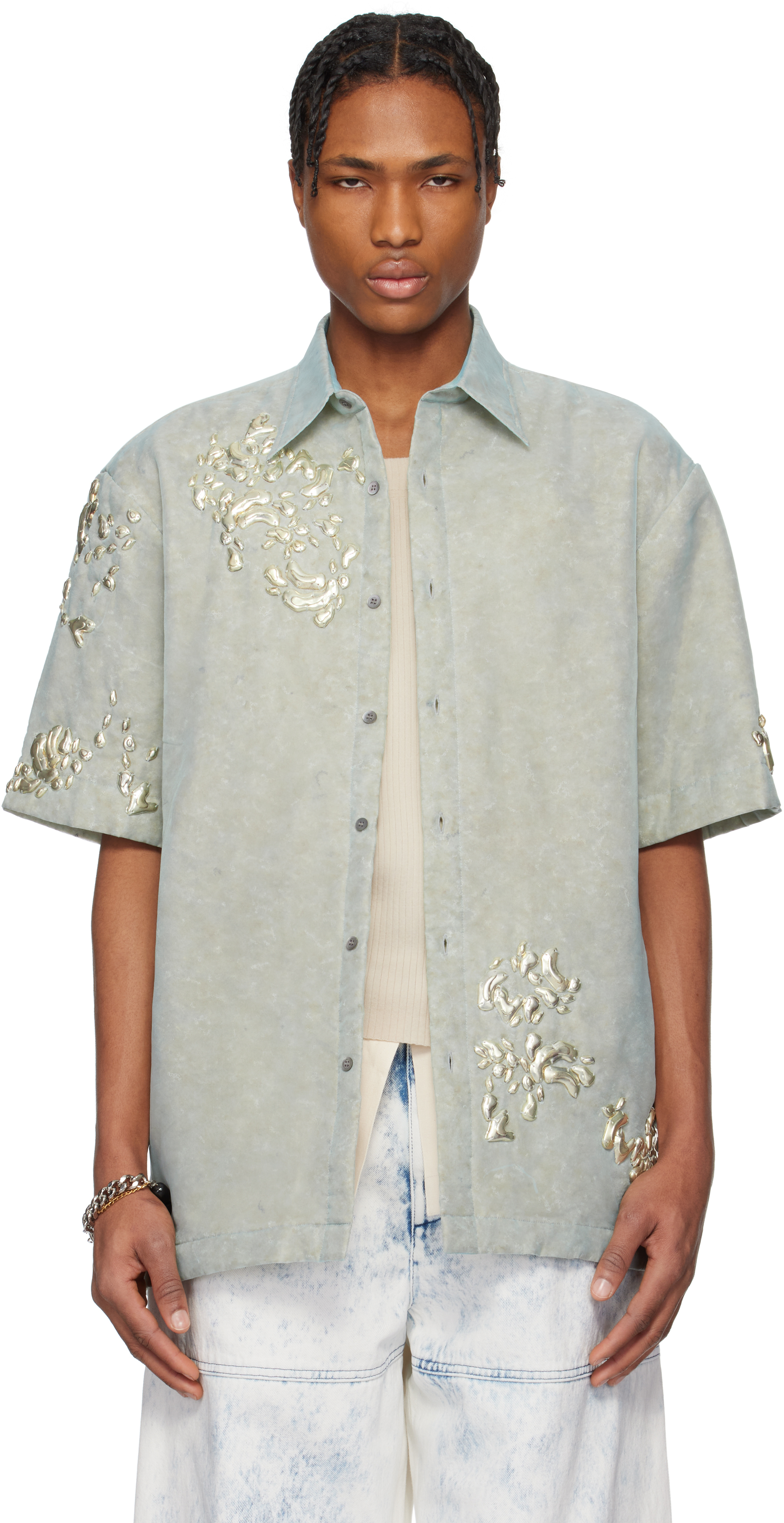 Dries Van Notenのブルー グラフィック ハードウェア シャツが