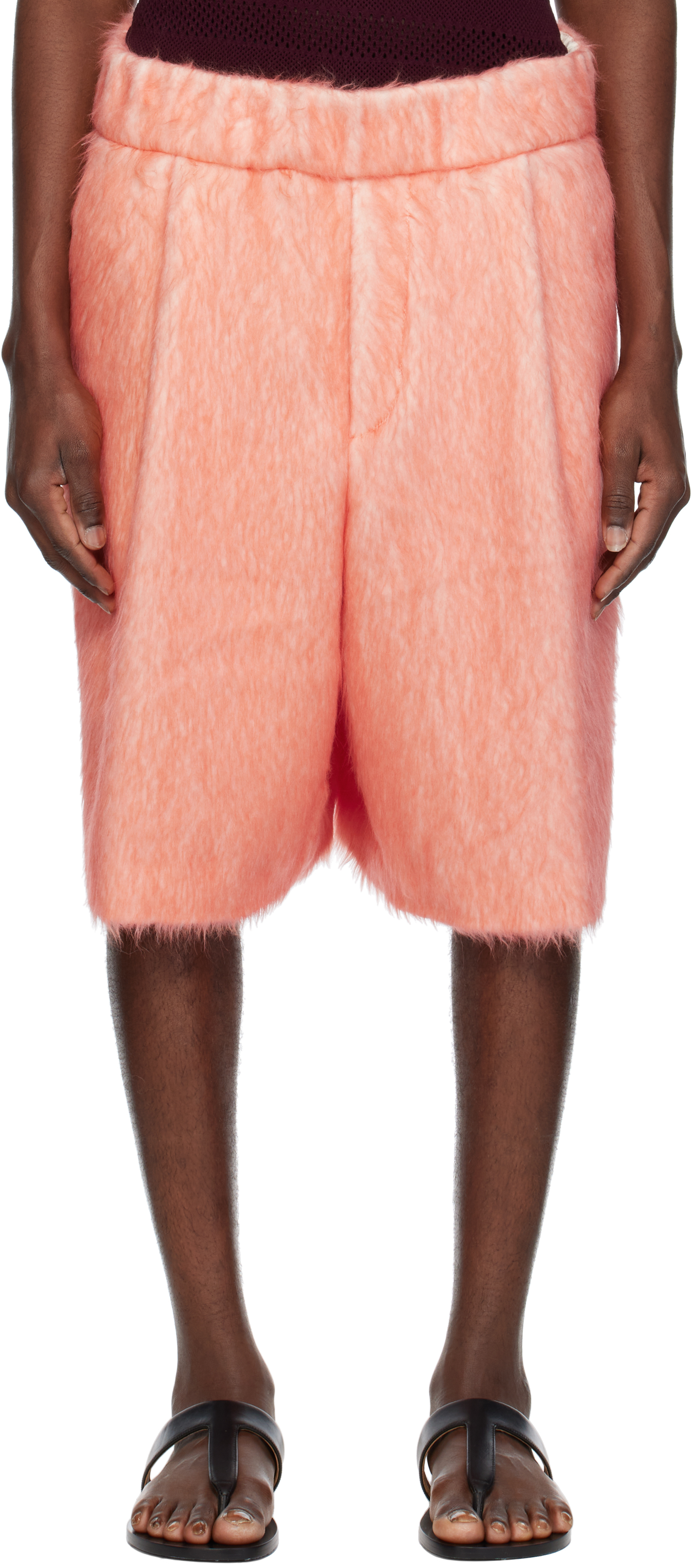 Pink Pleated Shag-Knit Shorts