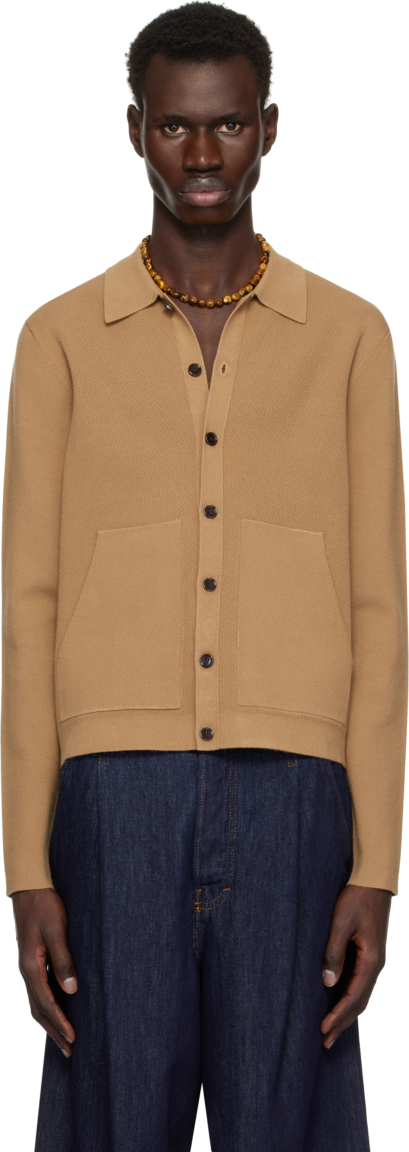 Dries Van Noten Tan Spread Collar Cardigan In 102 Camel
