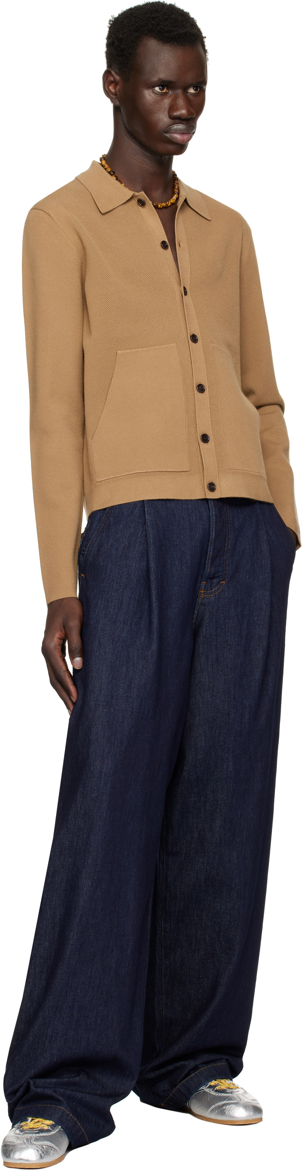 Dries Van Noten Tan Spread Collar Cardigan In 102 Camel