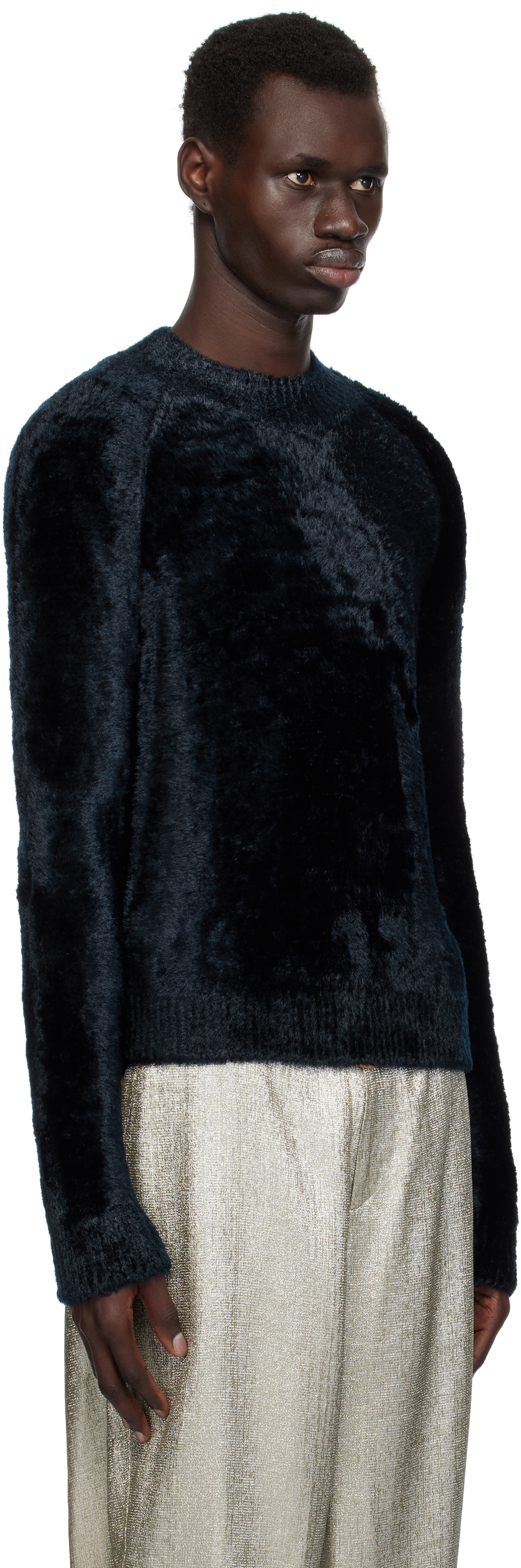 Dries Van Noten Navy Velvet Viscose Sweater In 509 Navy