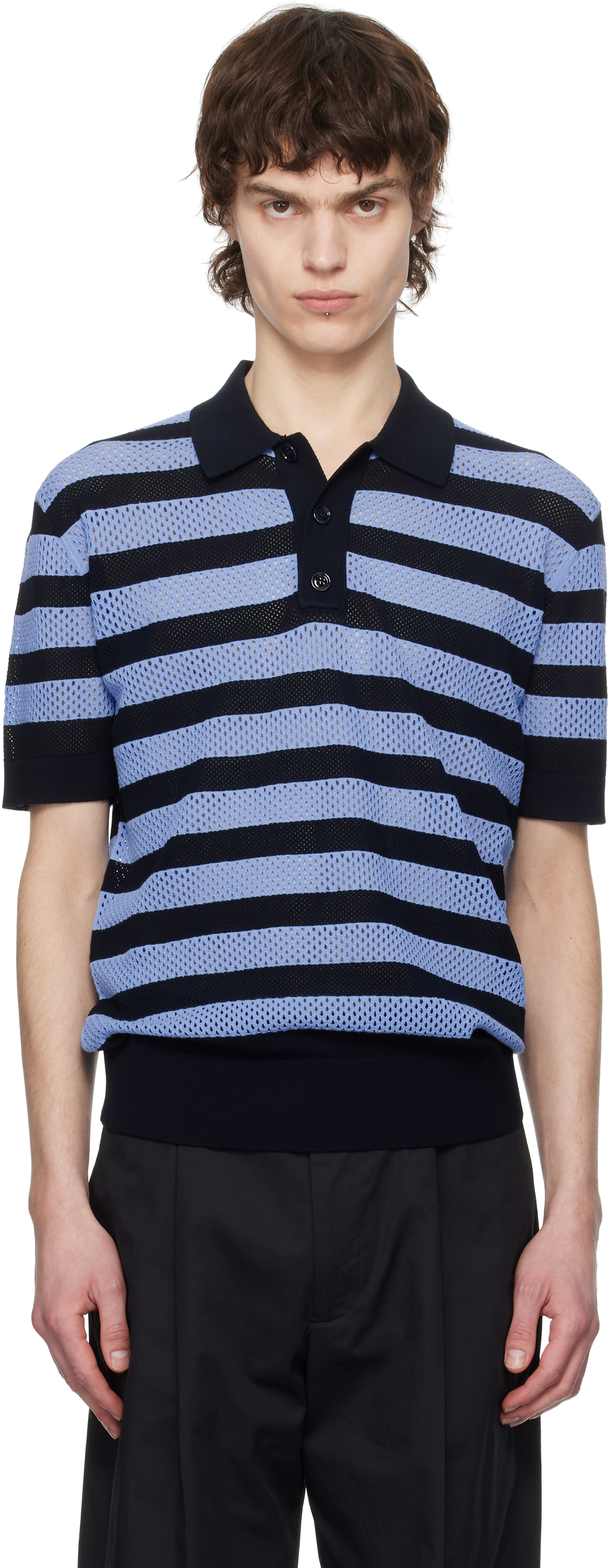 Dries Van Noten Navy & Blue Striped Polo In 509 Navy