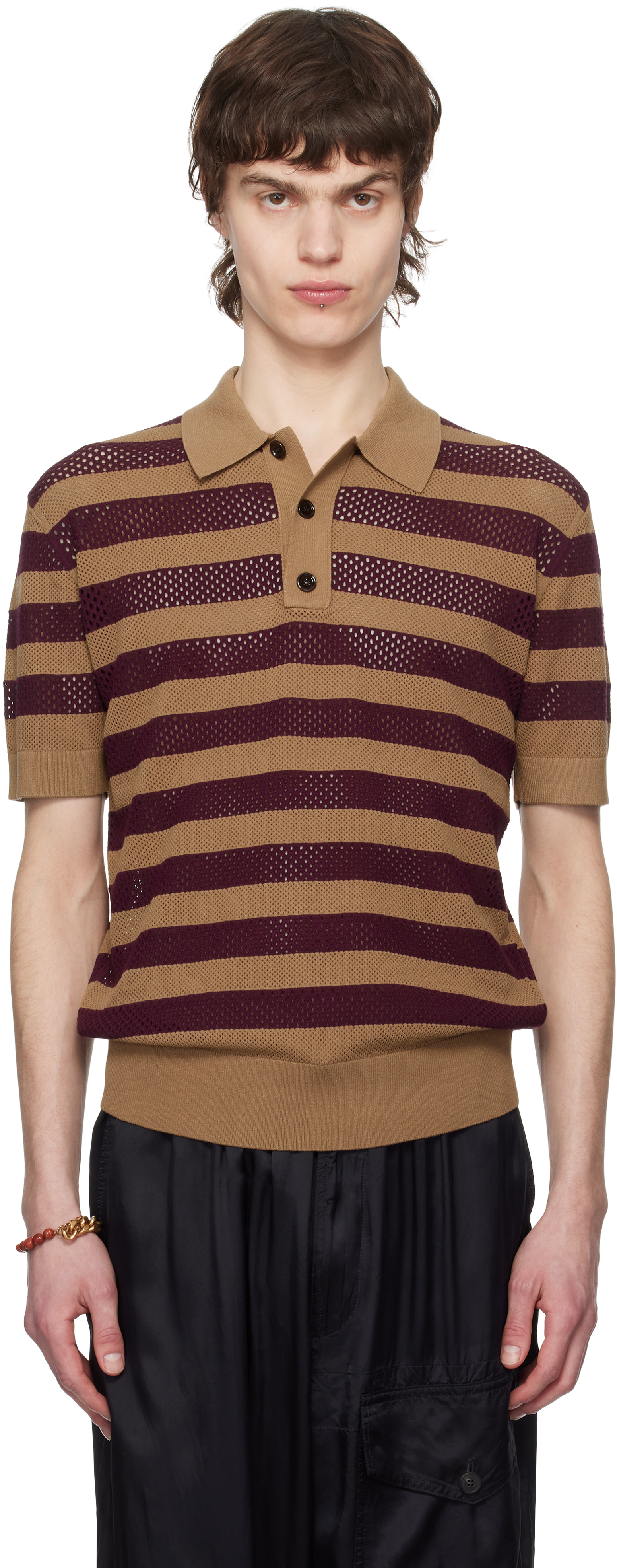 Dries Van Noten Beige & Burgundy Striped Polo In 102 Camel