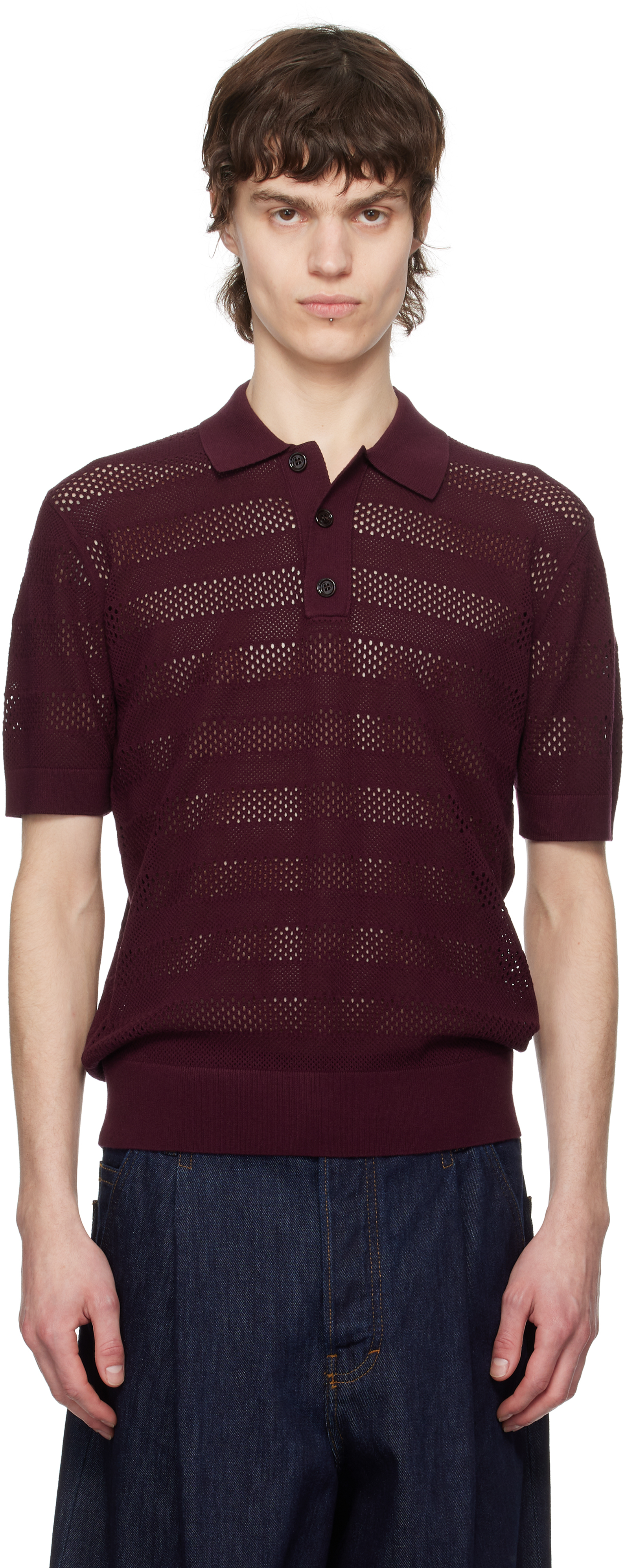 Dries Van Noten Burgundy Open-knit Polo In 357 Auber