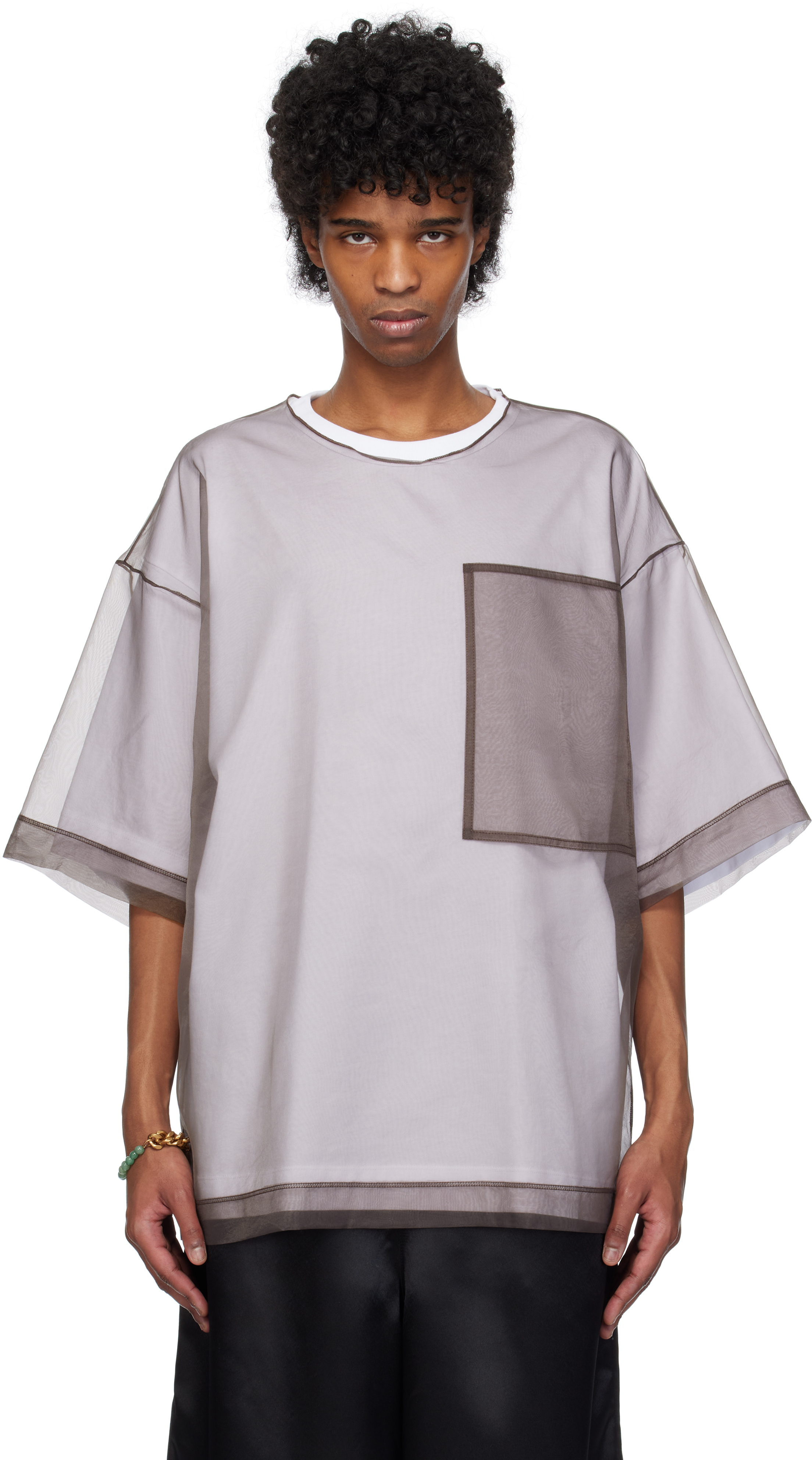 25SS Dries Van Noten◆シアー オーバーサイズ Tシャツ Dries Van Notenのホワイト シアー オーバーレイヤー Tシャツが