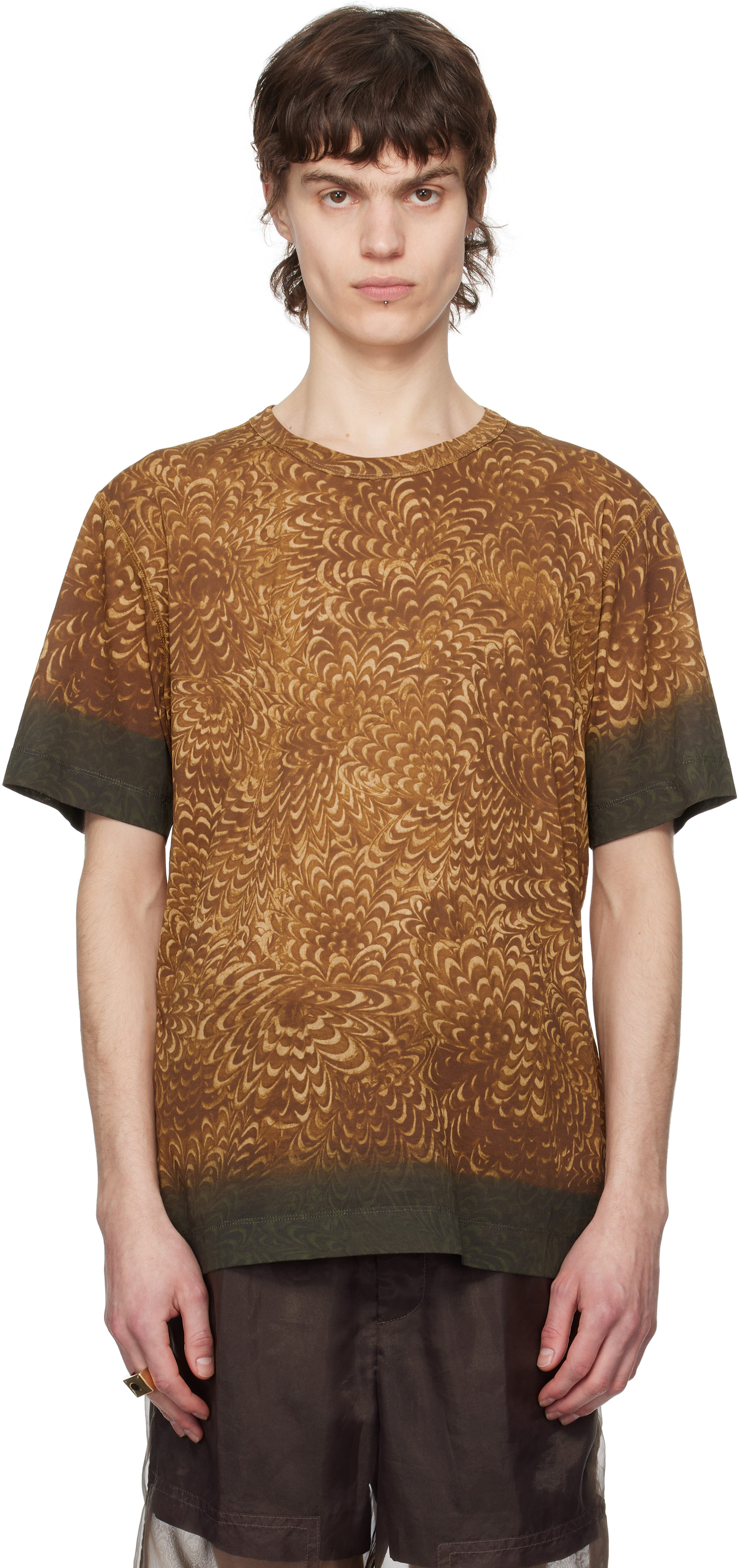 関税込【Dries Van Noten】ブラウン プリント コットン Tシャツ Dries Van Notenのブラウン プリント コットン Tシャツがセール中