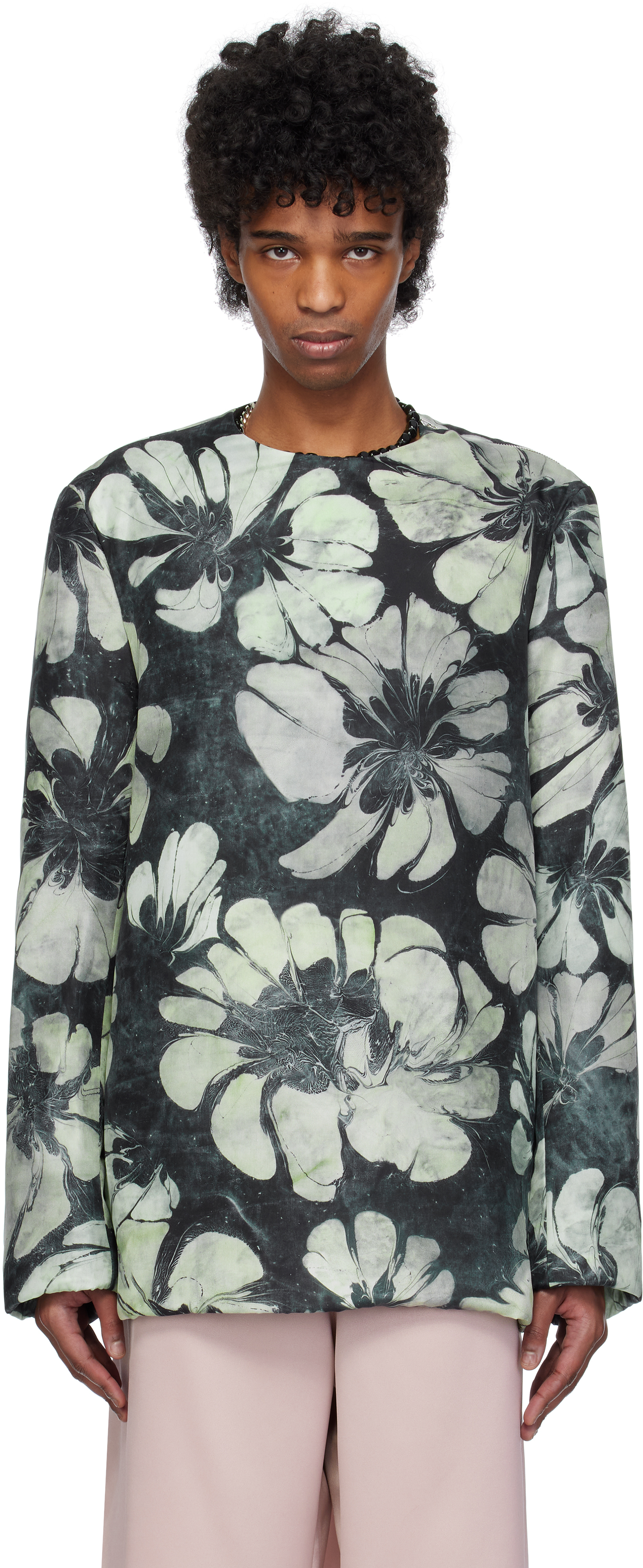 Dries Van Noten Green & Navy Silk Long Sleeve Top In 604 Green