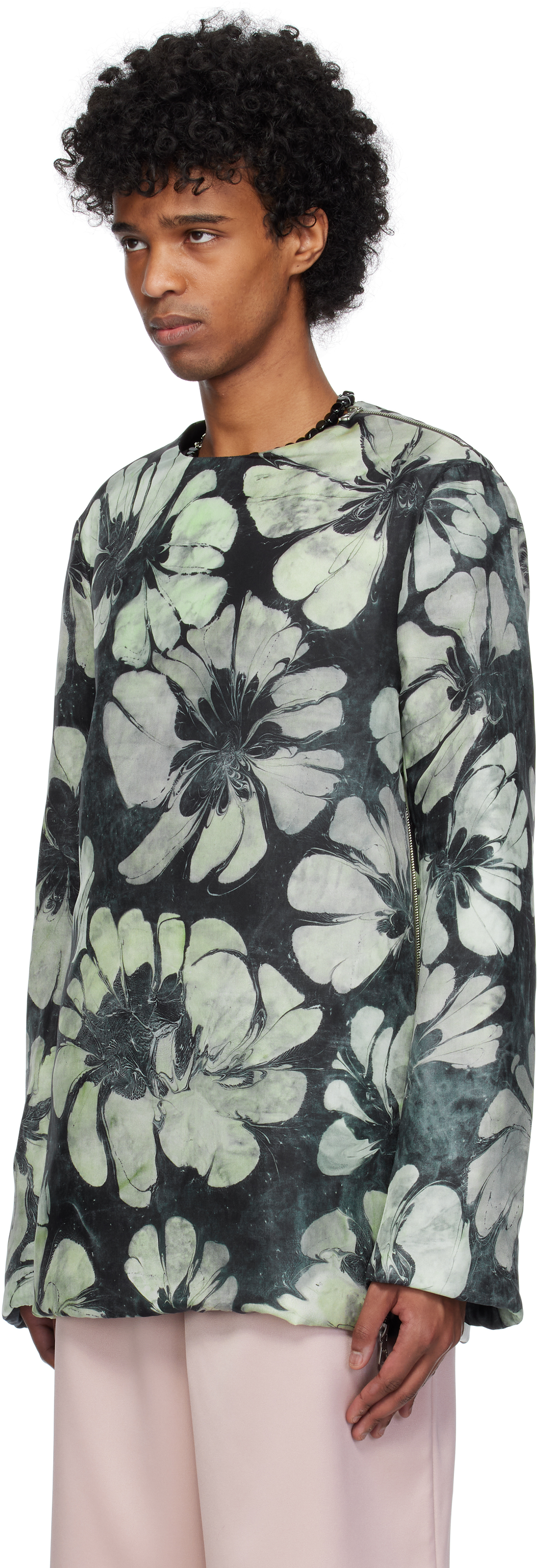 Dries Van Noten Green & Navy Silk Long Sleeve Top In 604 Green