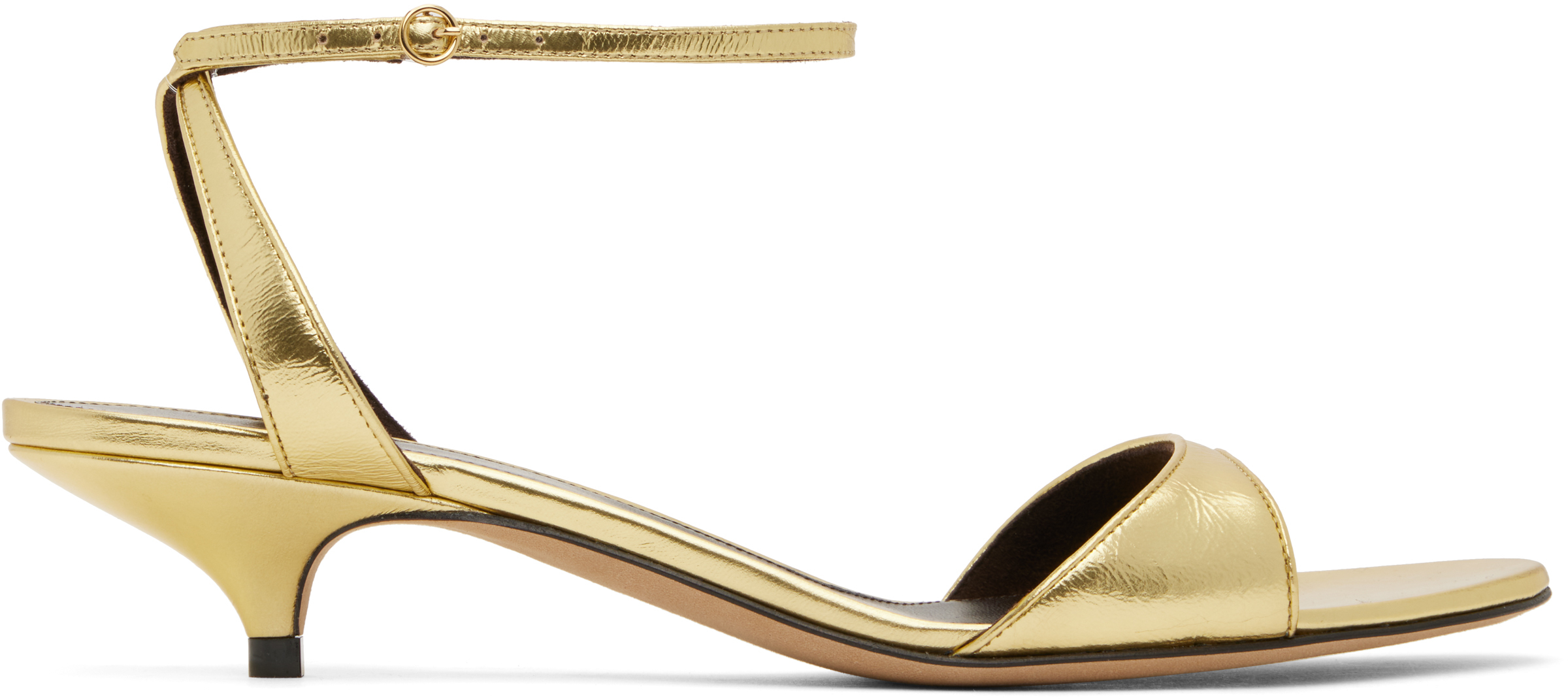 The Row: Gold Vika Ankle Strap Kitten Heeled Sandals | SSENSE