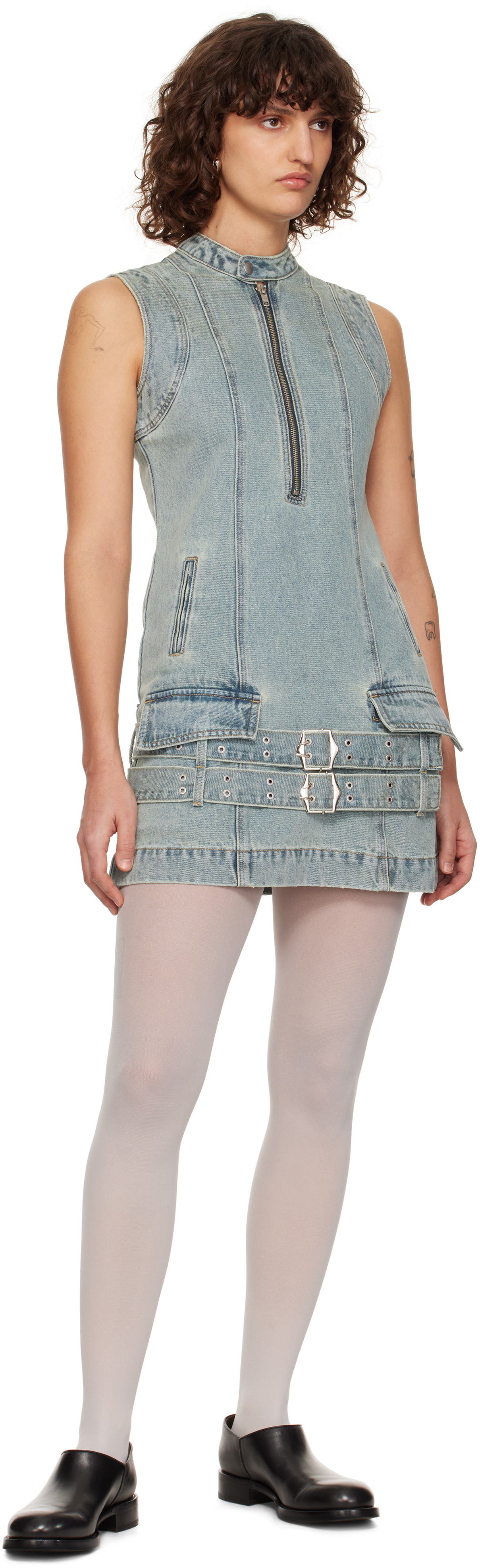 Cplus Blue Washed Zip-up Sleeveless Denim Minidress In Lt.blue