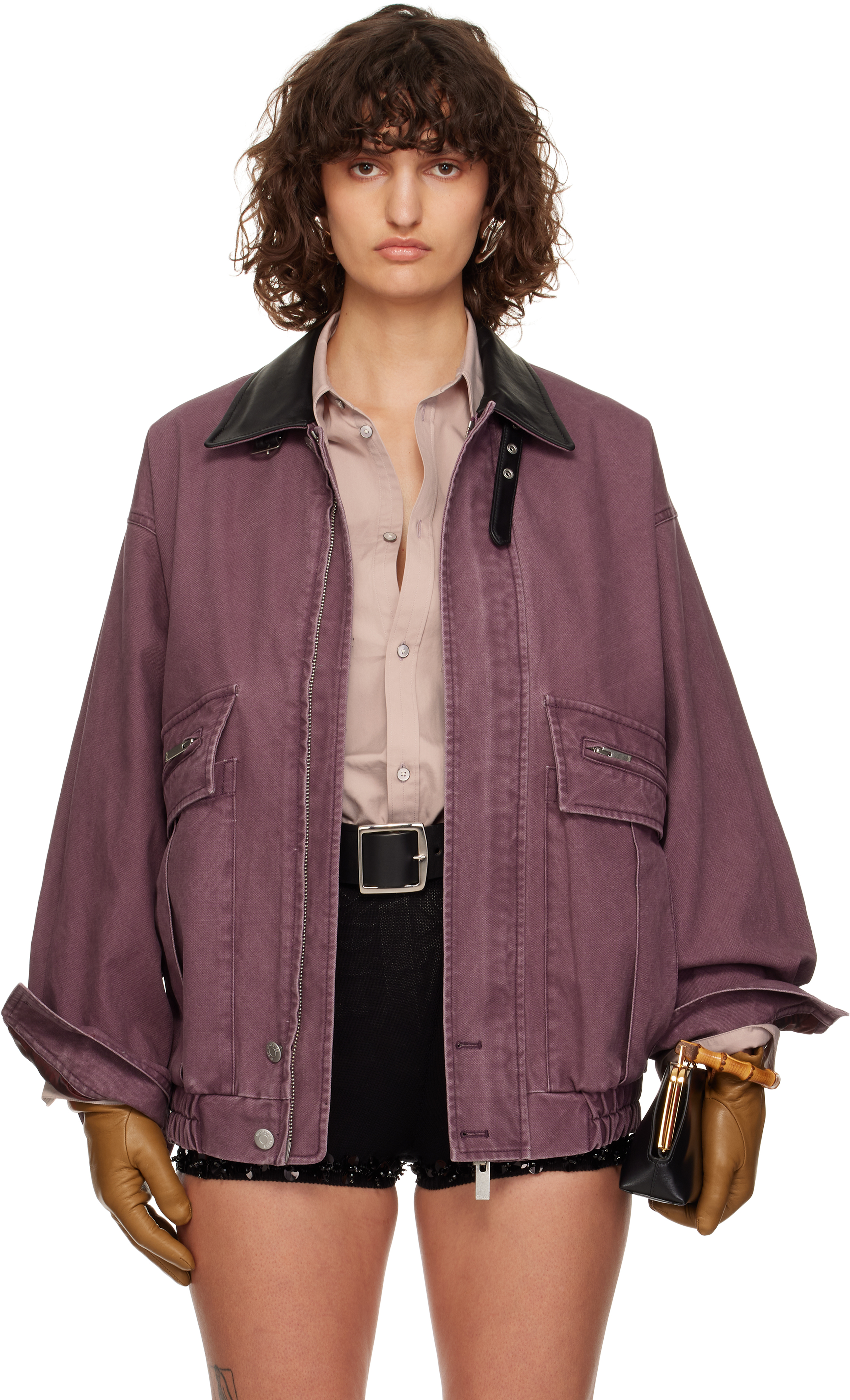 Cplus Purple Contrast Collar Distressed Jacket In Purple