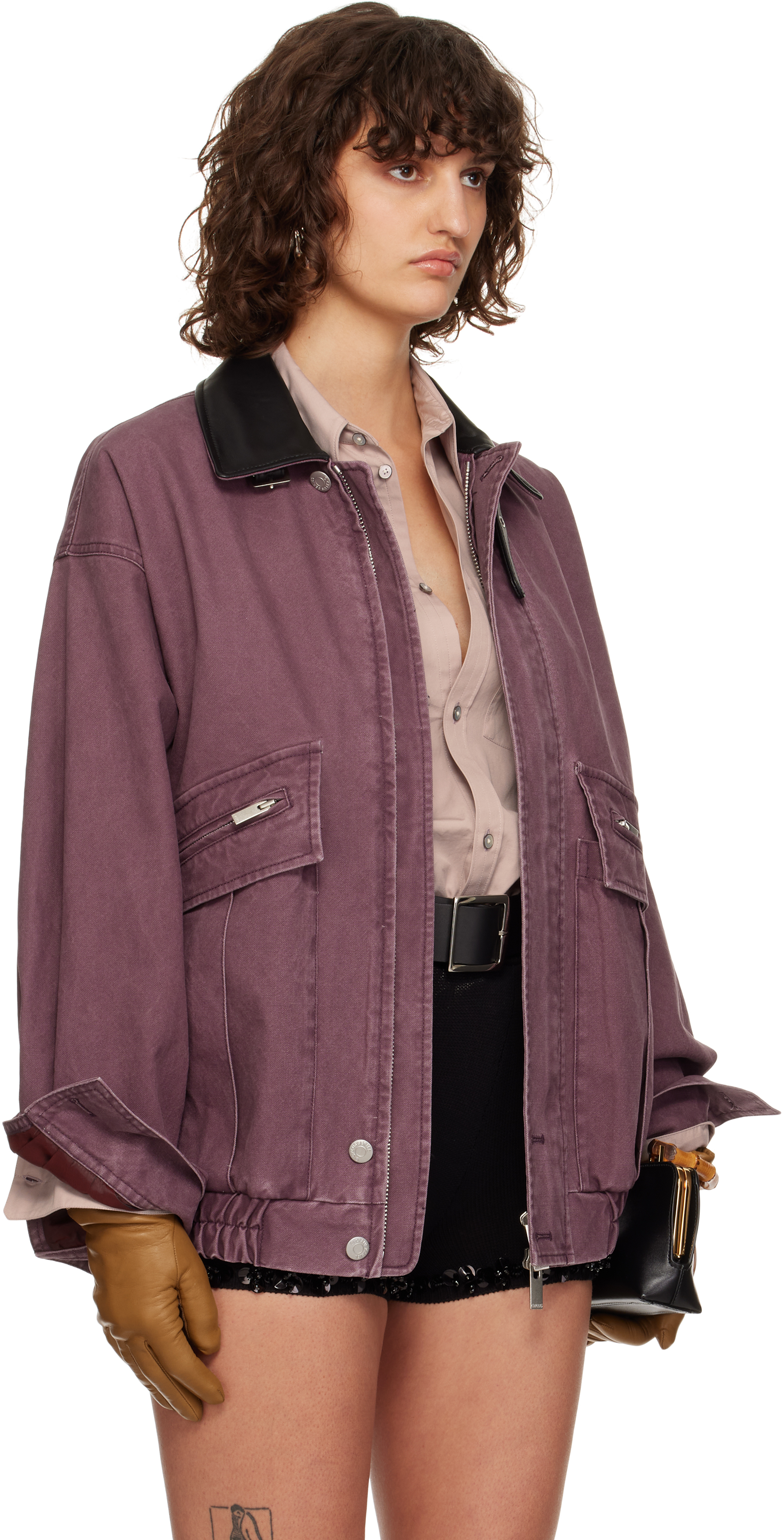 Cplus Purple Contrast Collar Distressed Jacket In Purple
