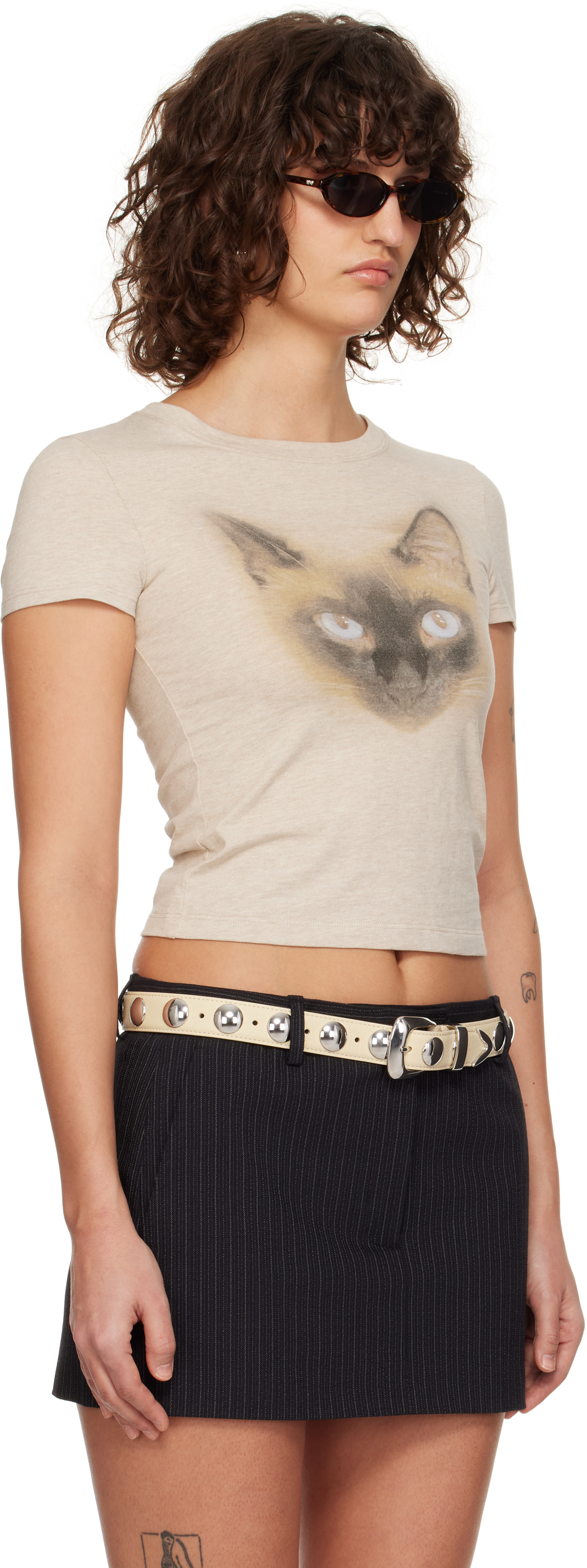 Cplus Beige Kitten Print Fitted T-shirt In Light Khaki