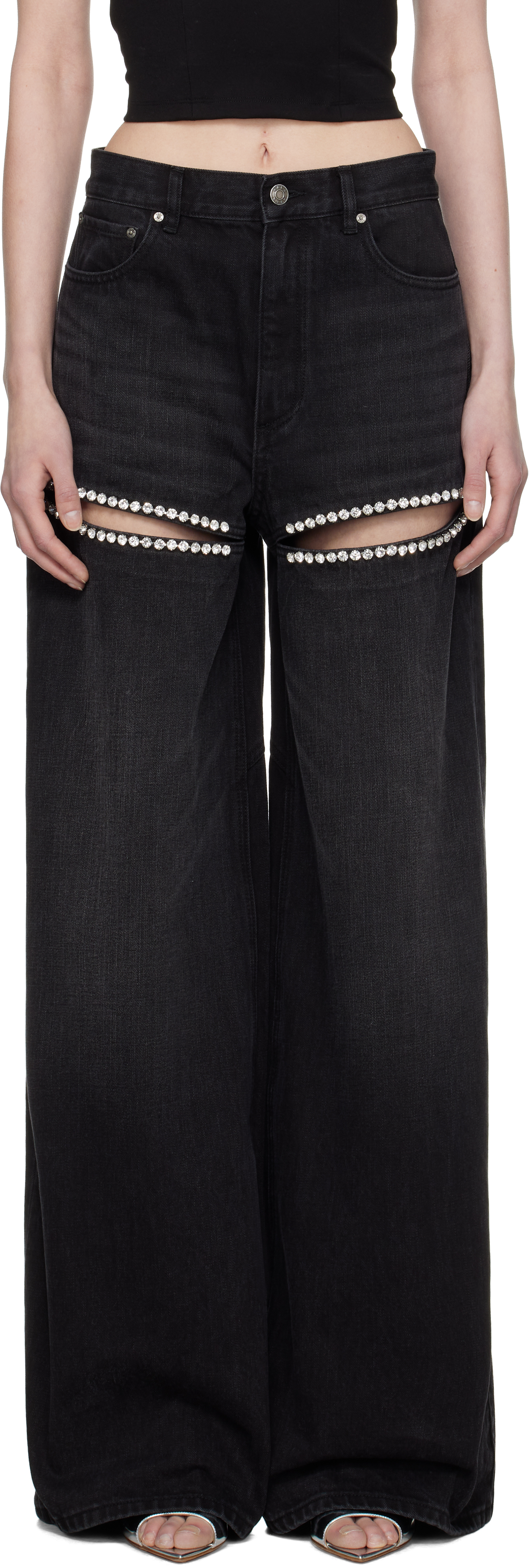 Black Wide Leg Crystal Slit Jeans