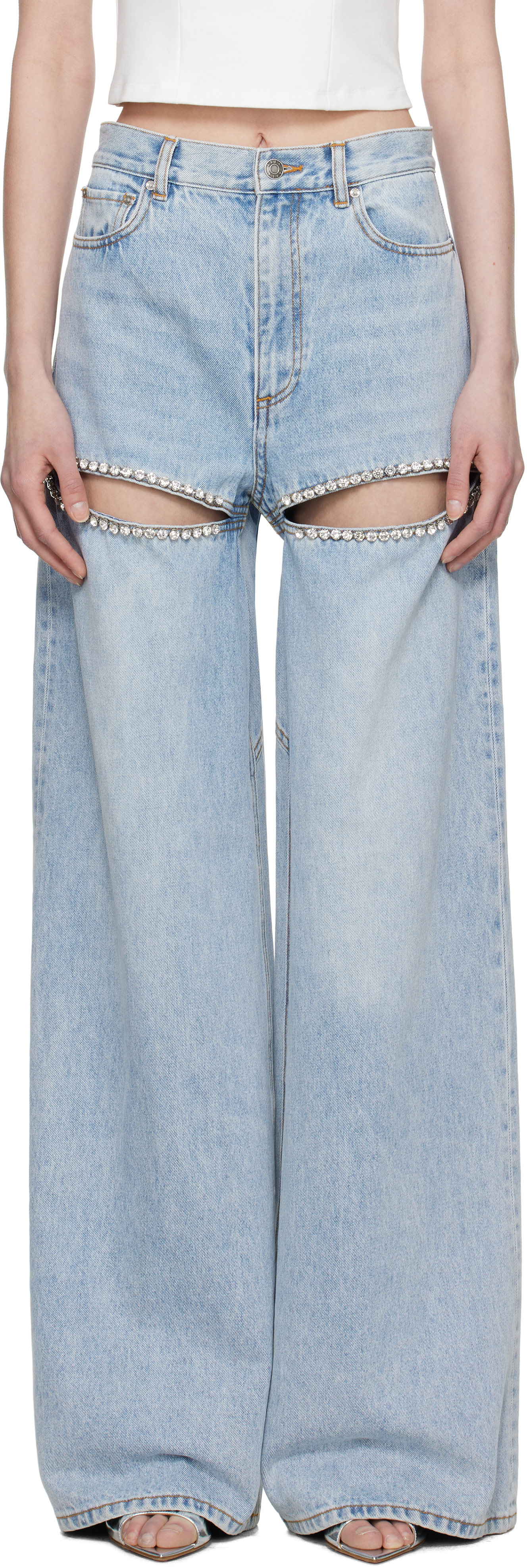 Blue Wide Leg Crystal Slit Jeans