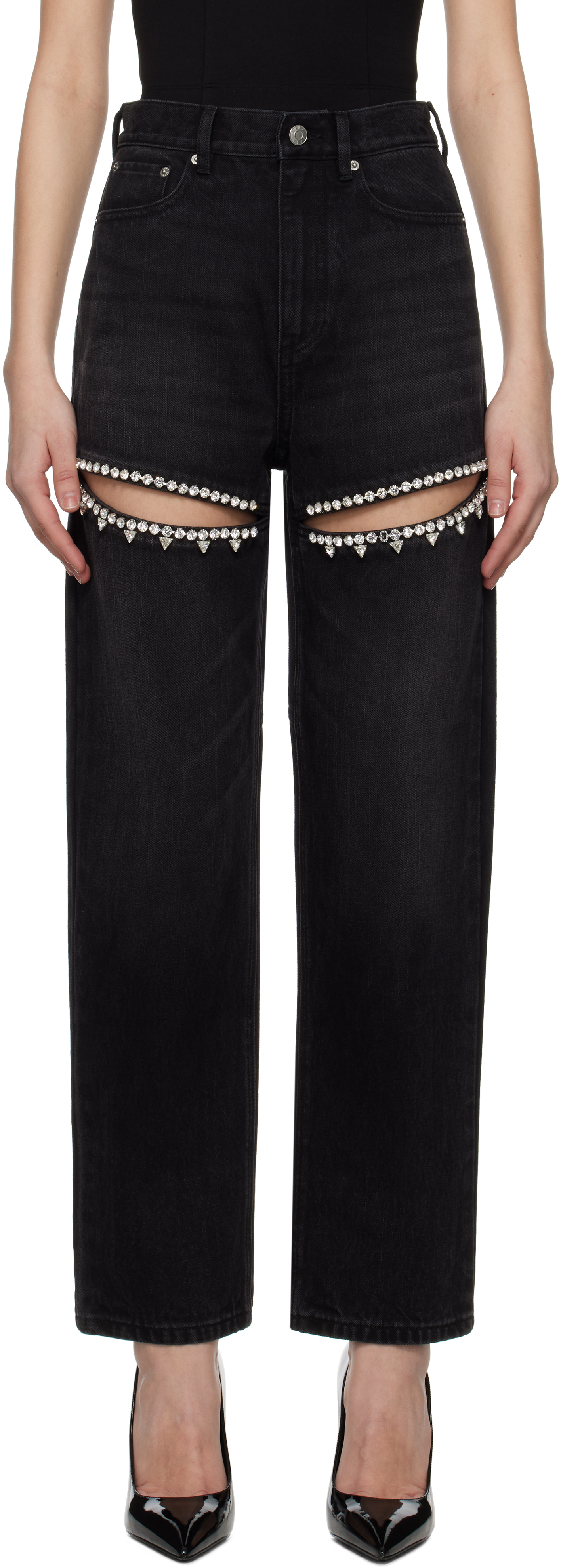 【関税込み】AREA ブラック Crystal Slit ジーンズ Area Crystal Slit Jeans in Black | Lyst