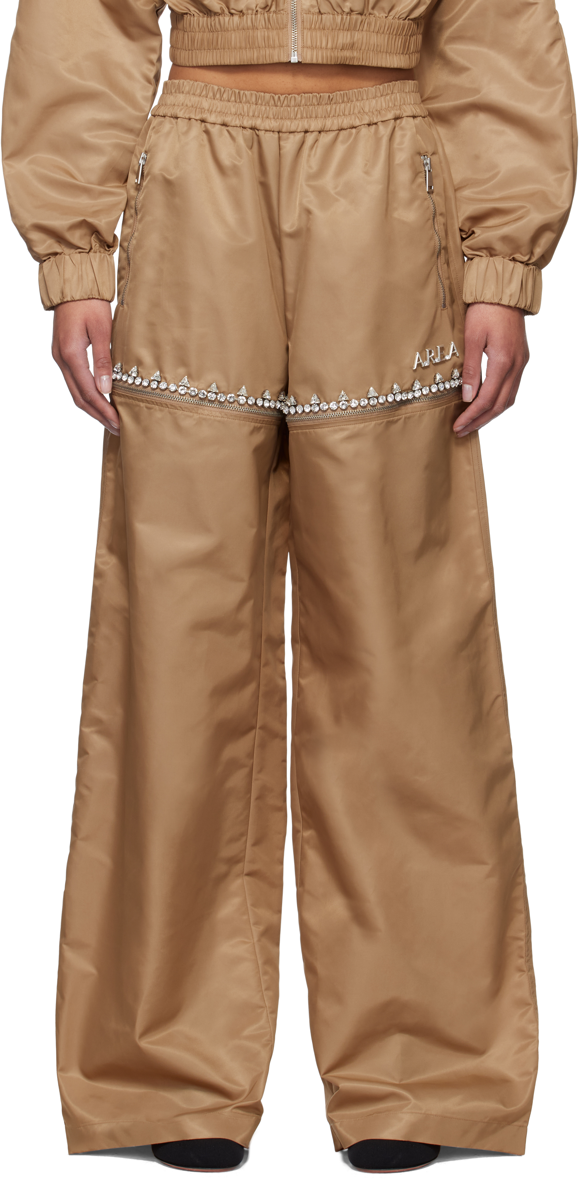 Tan Crystal Slit Track Pants