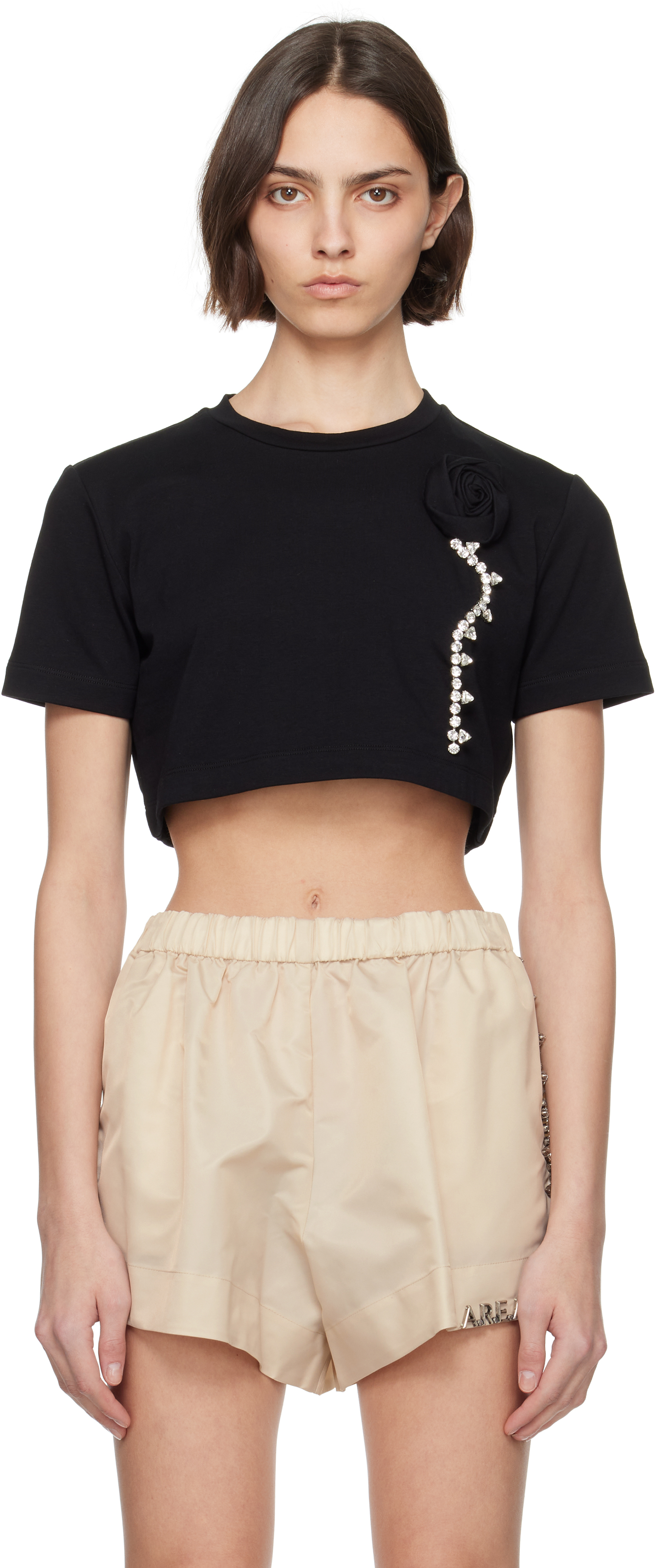 Shop Area Black Crystal Rosette Cropped T-shirt
