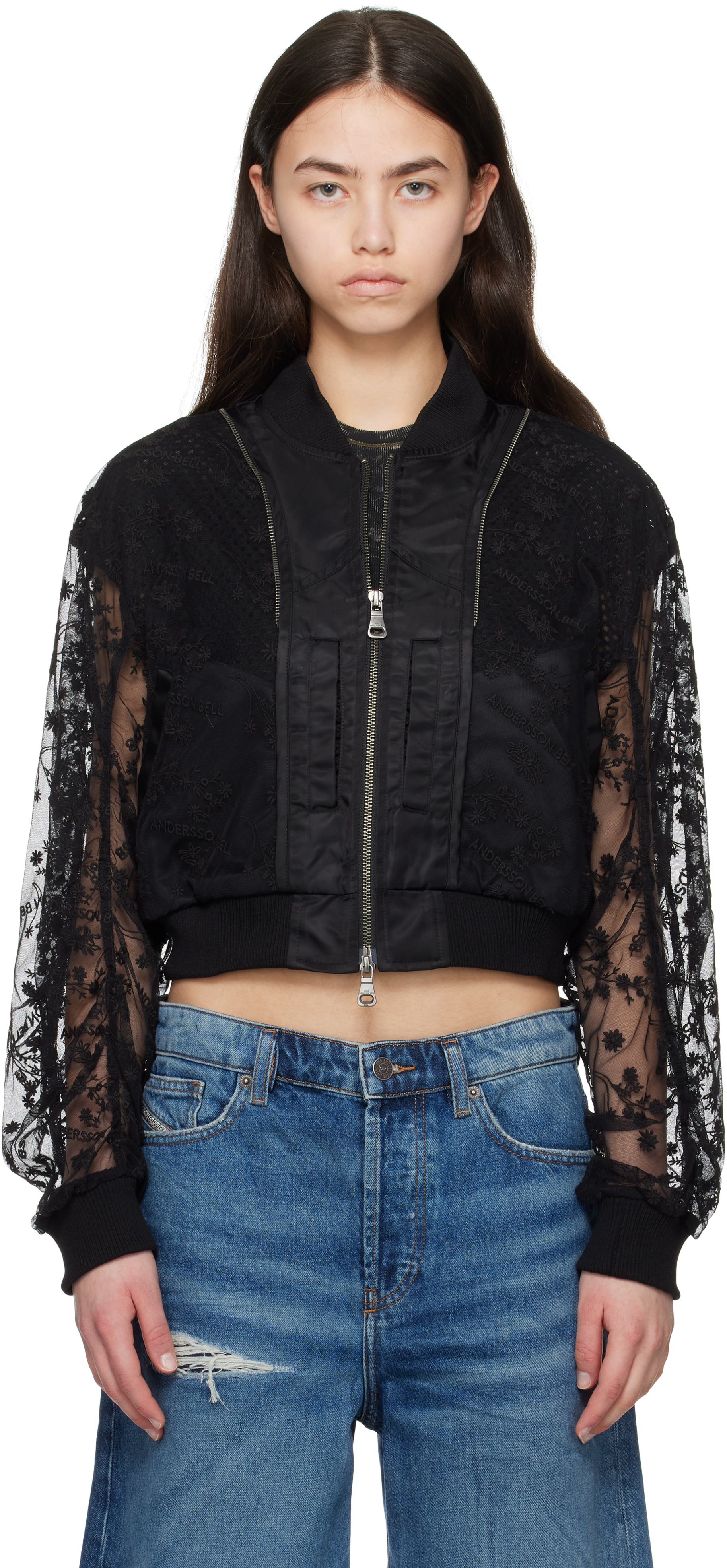 Shop Andersson Bell Black Layered Logo Lace Short Bomber Jacket
