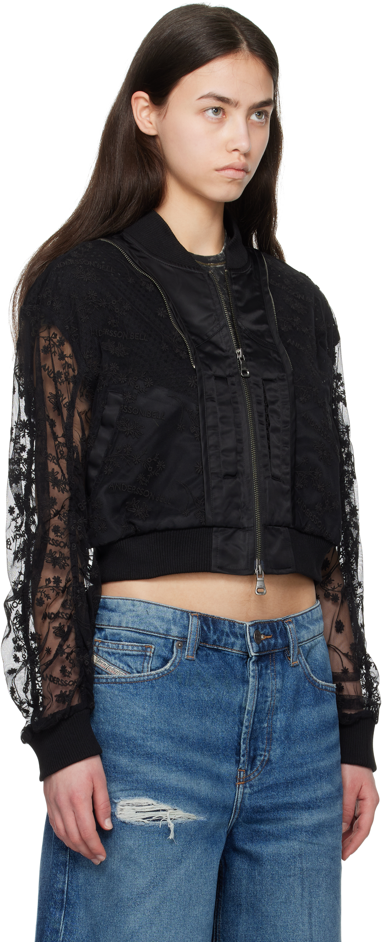 Shop Andersson Bell Black Layered Logo Lace Short Bomber Jacket