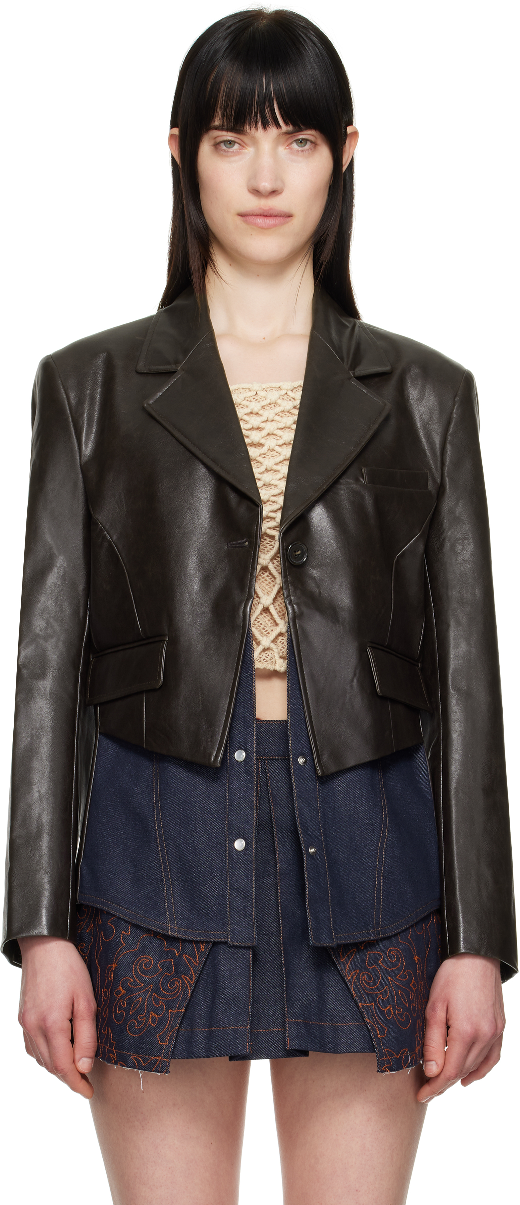 Brown Hybrid Faux-Leather Blazer