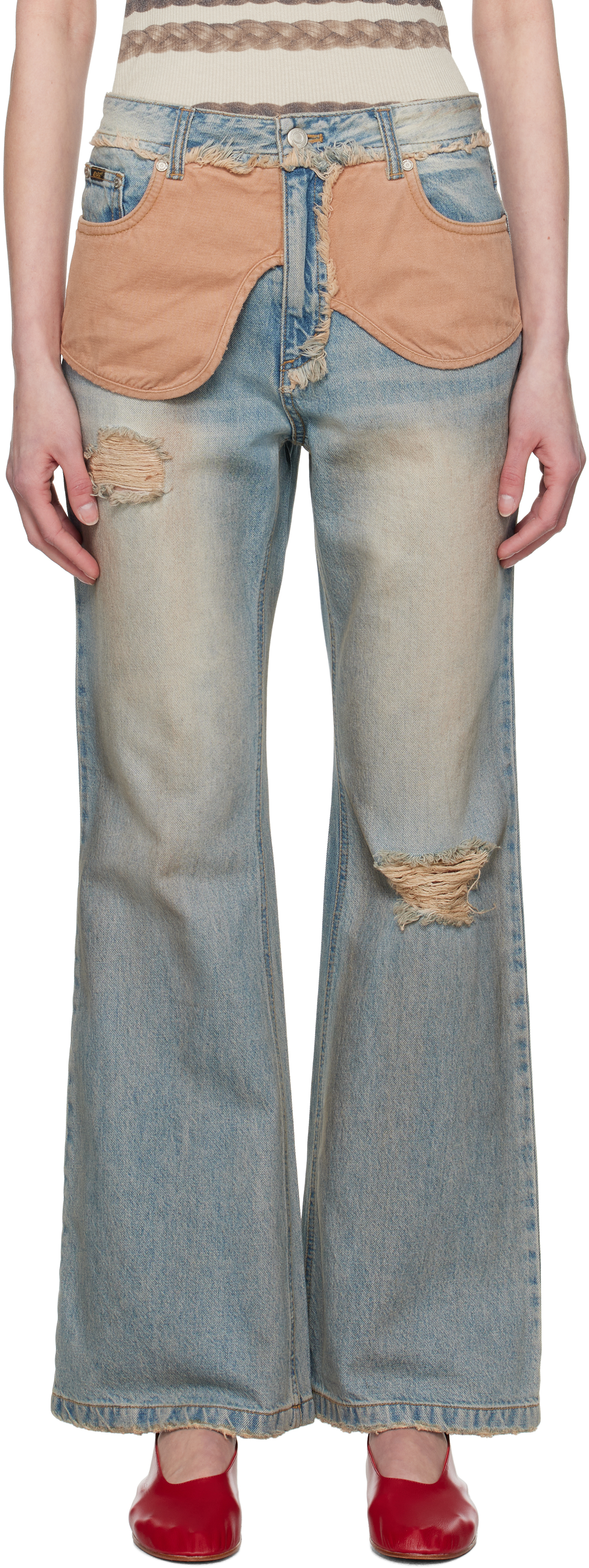 Blue Deconstructed Dirty Wash Bootcut Jeans