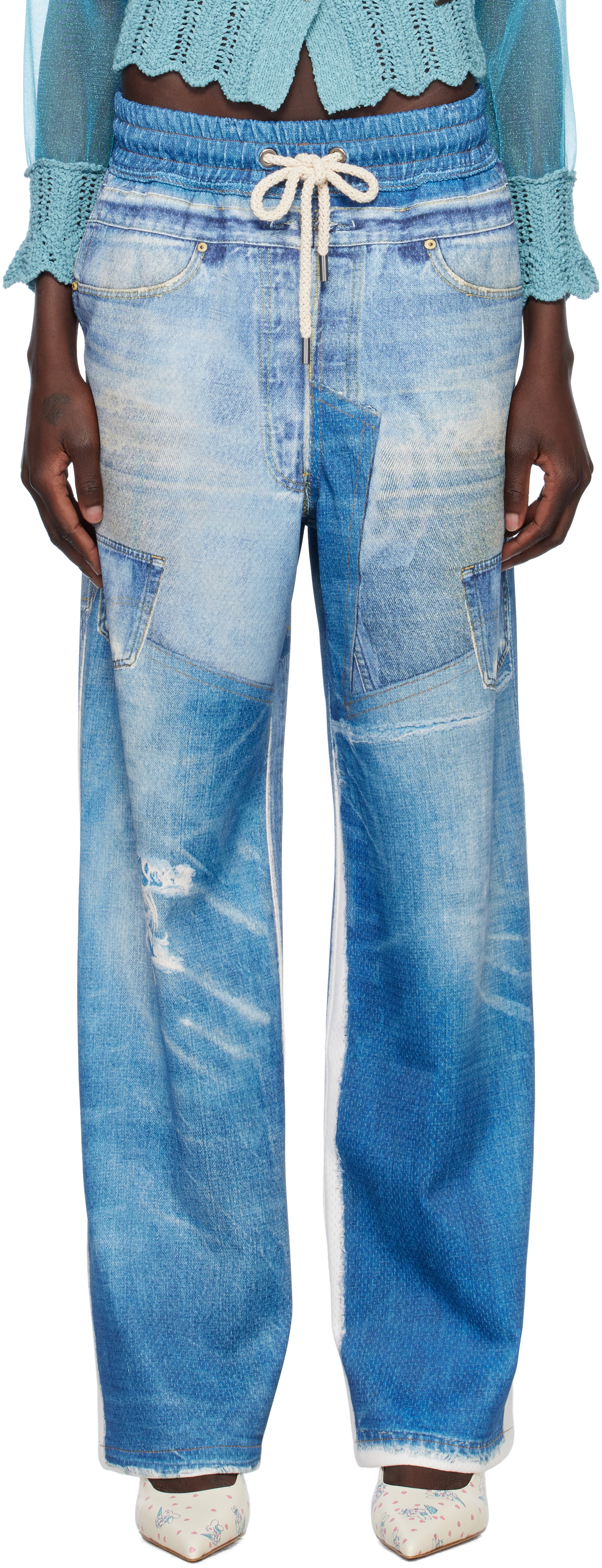 Blue Denim Trompe L'Oeil Mesh Trousers