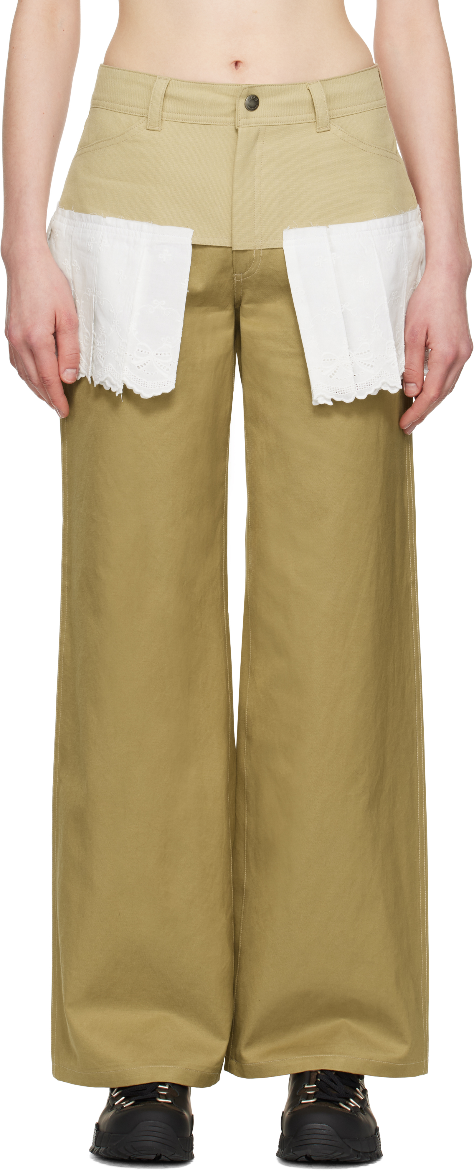 Beige & White Lace Pleats Skirt Trousers by Andersson Bell
