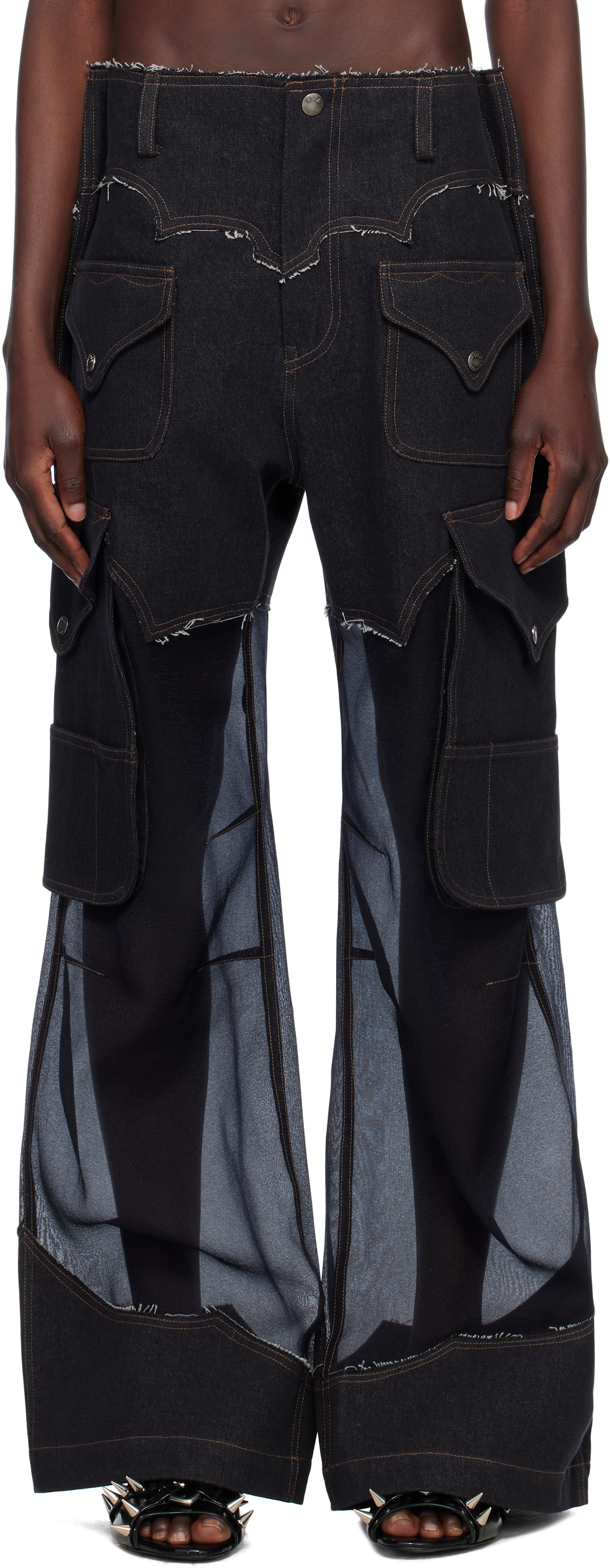 Black Sheer Denim Cargo Pants