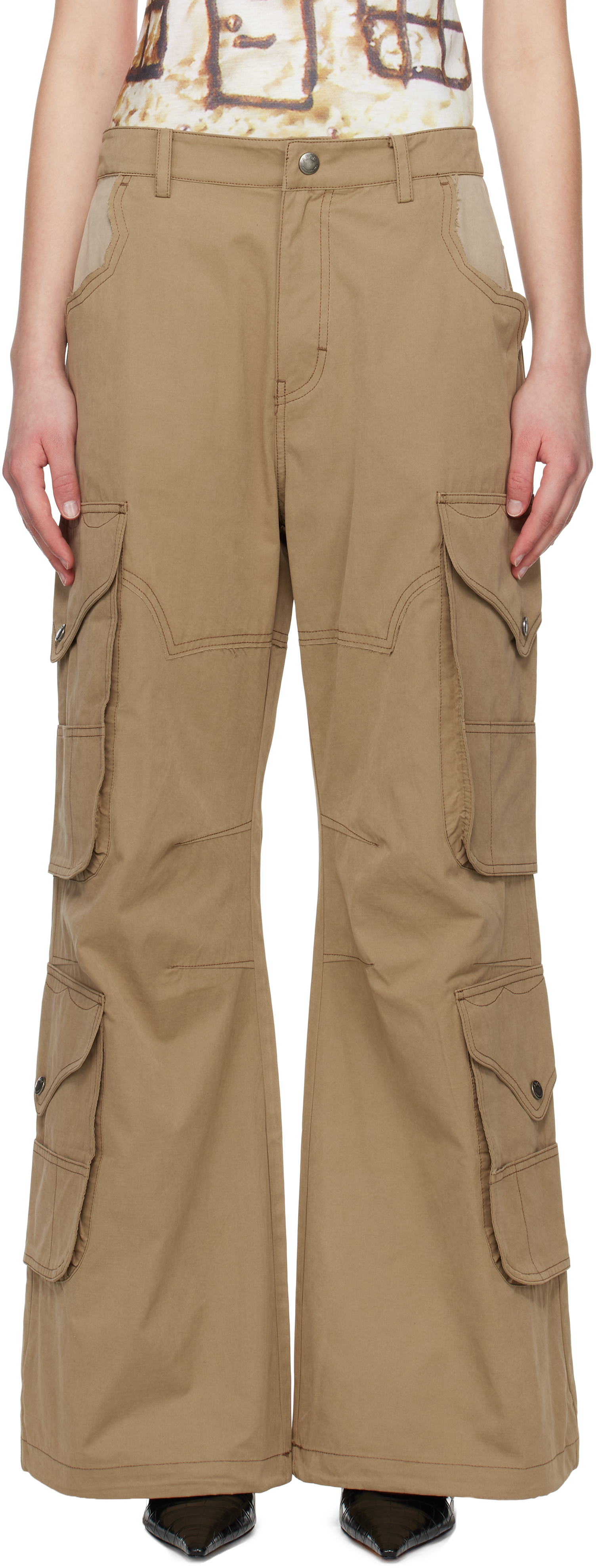 Beige Waxed Utility Pocket Cargo Pants