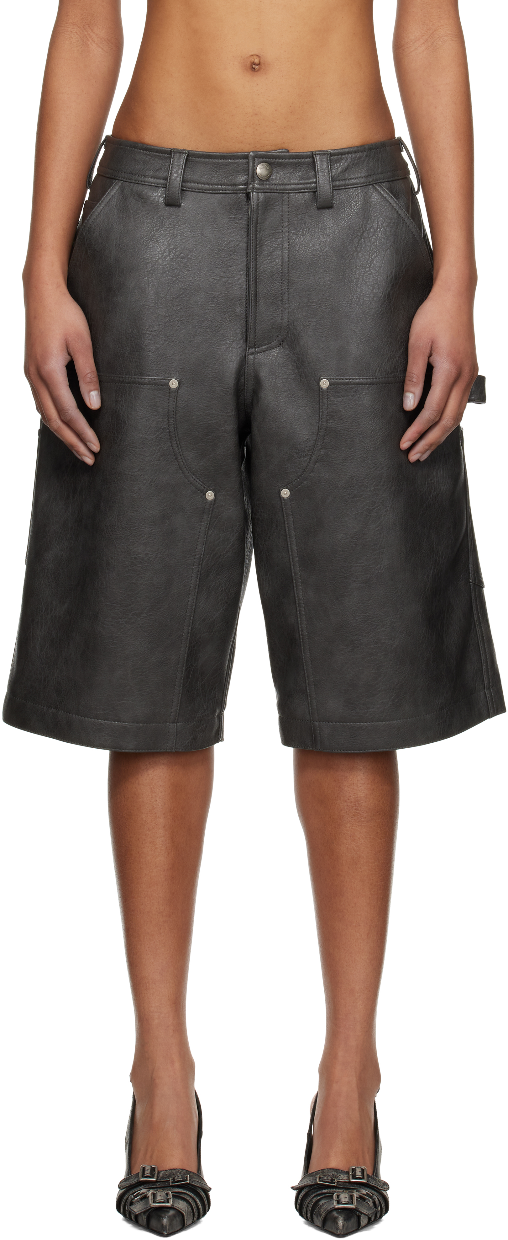 Gray Double Knee Faux-Leather Shorts