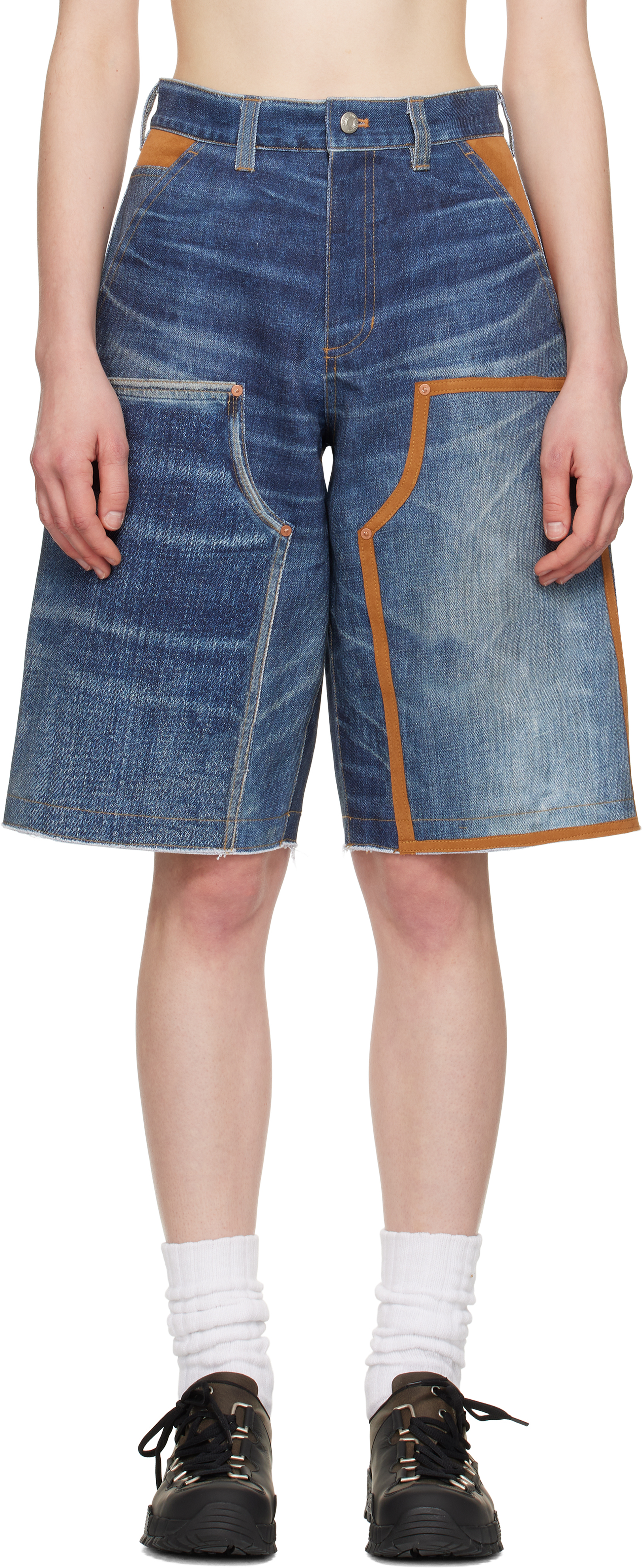 Navy Trompe L
oeil Double Knee Denim Shorts