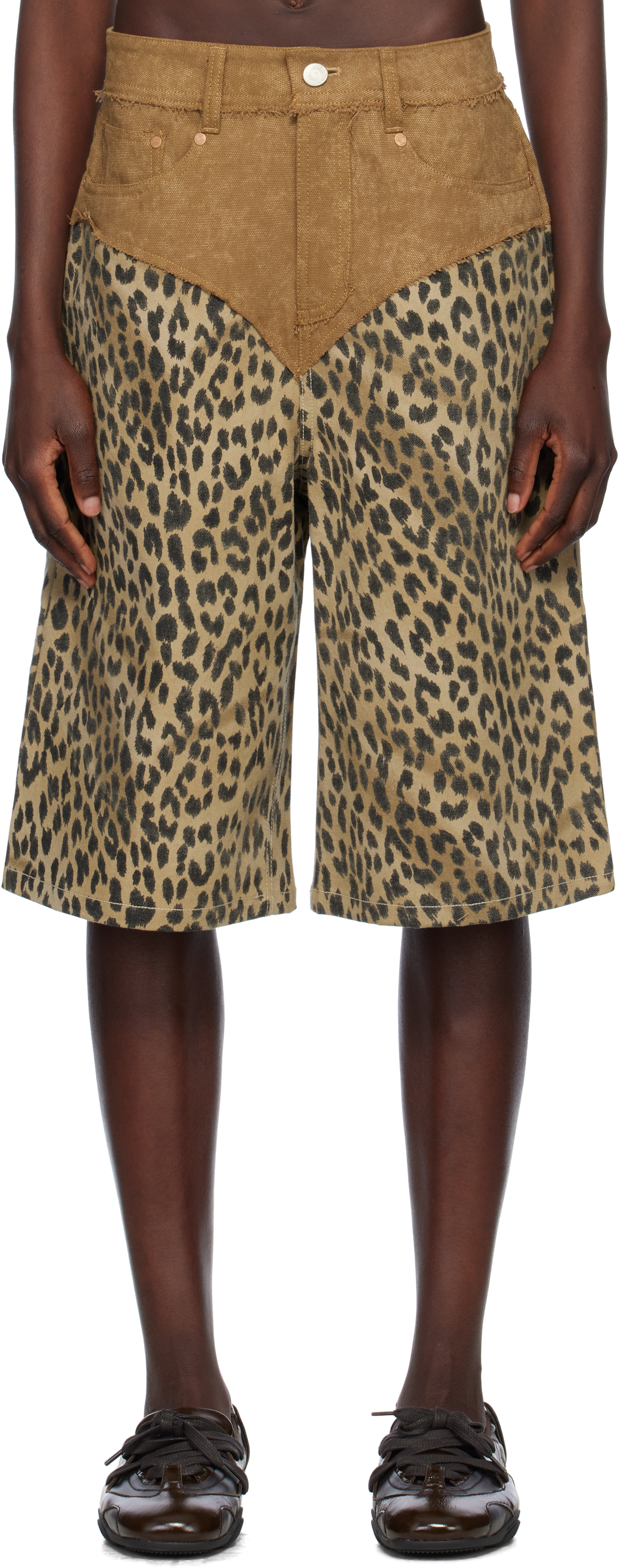 Beige & Brown Oxford Combo Leopard Shorts