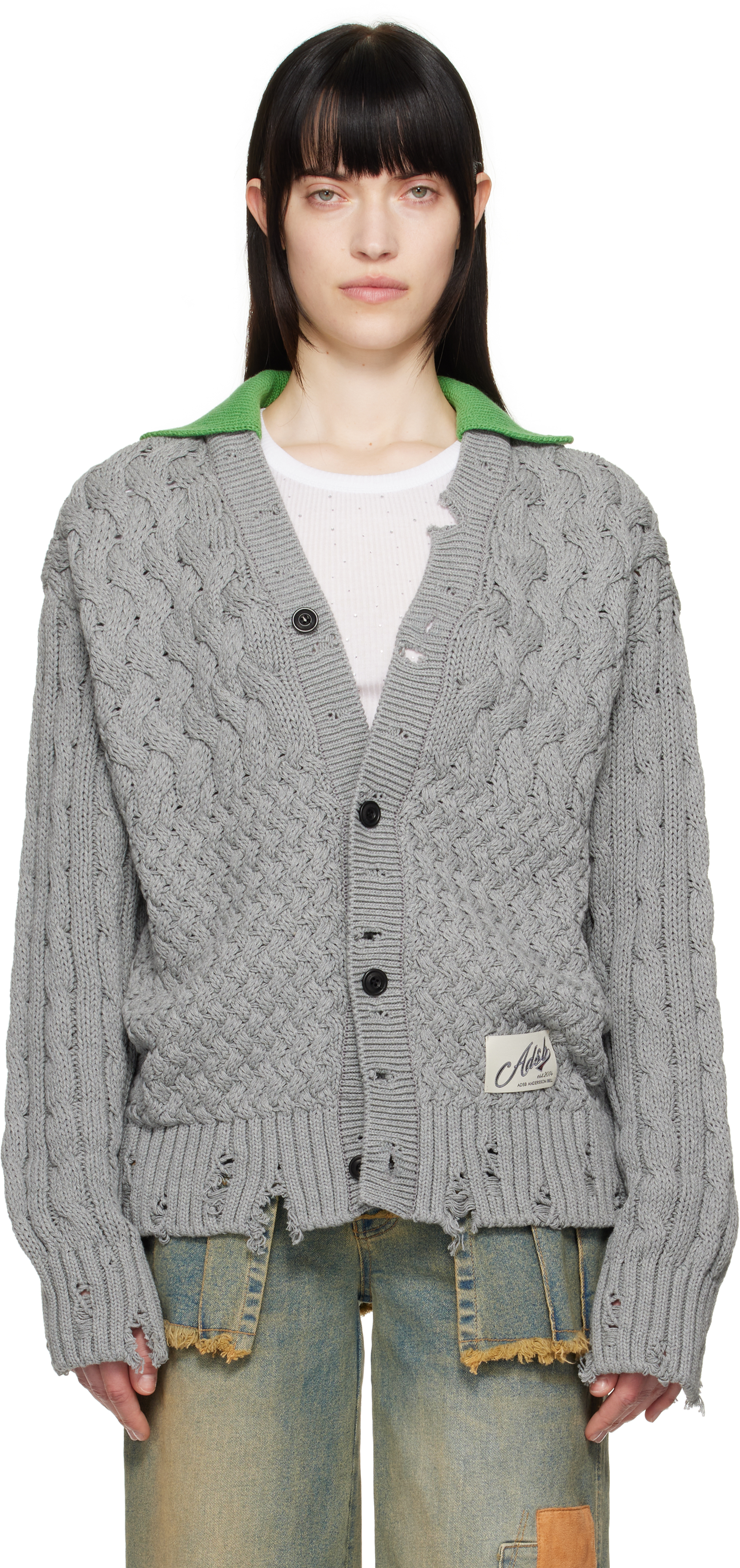 Gray Green Collar V-Neck Cardigan