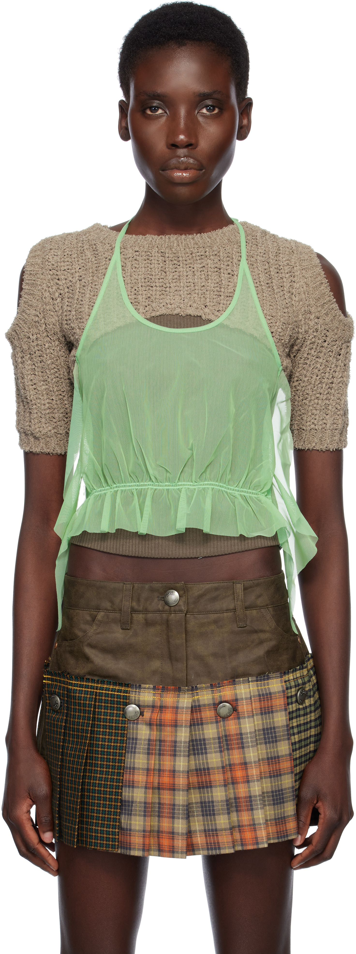 Beige & Green Cut-Out Combination Knit Sweater