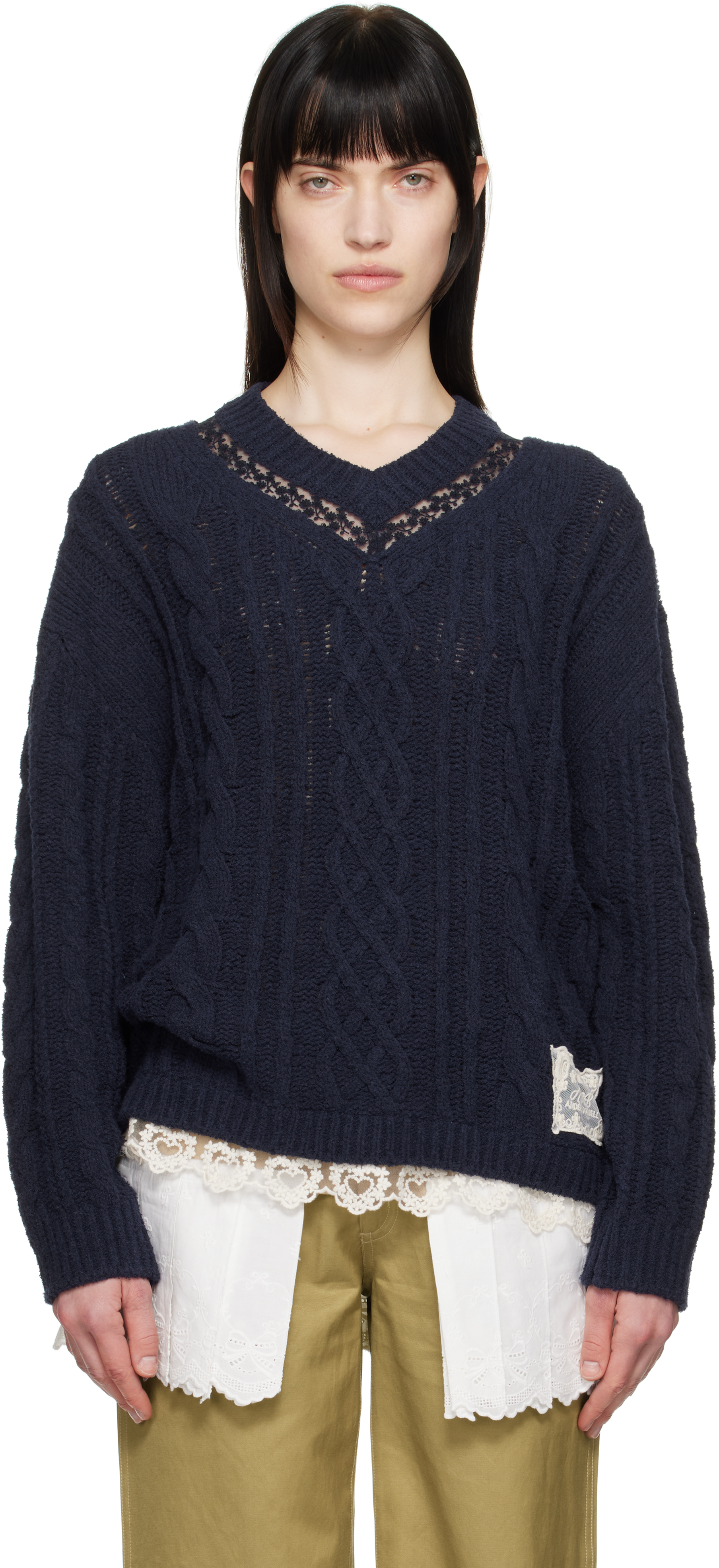 Navy Lace Chunky V-Neck Knit Sweater