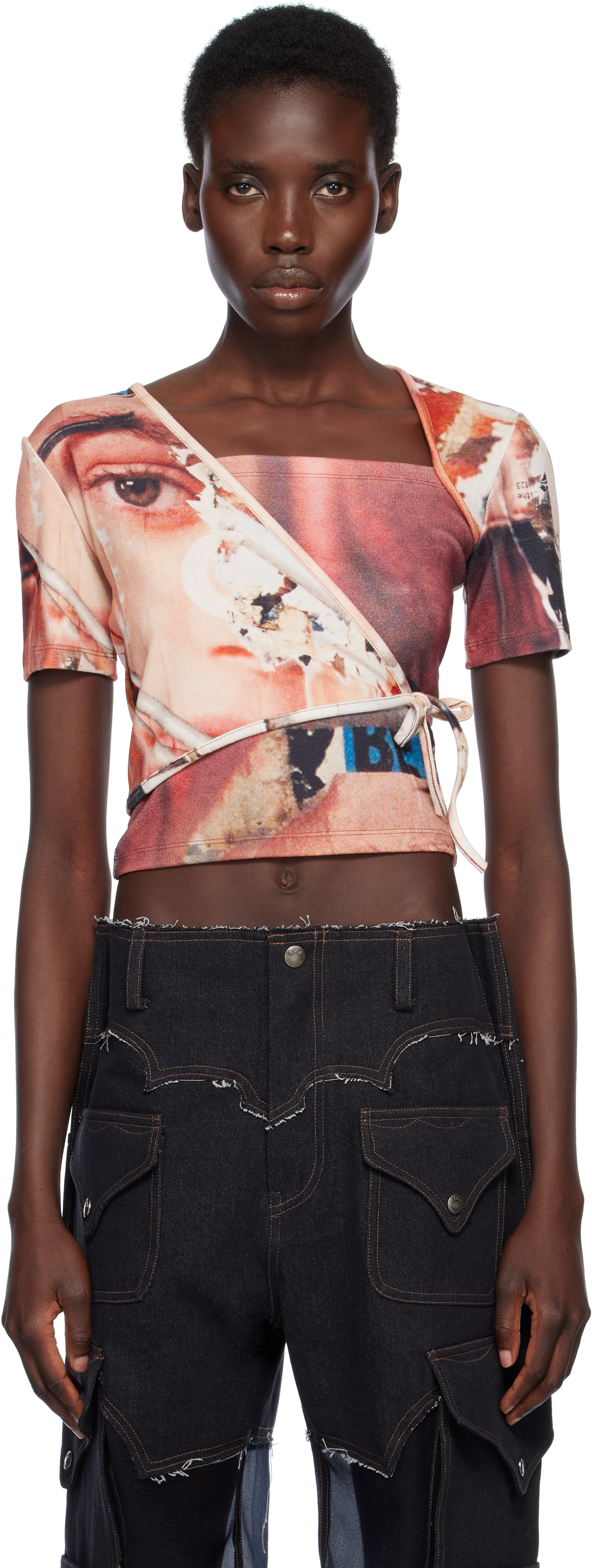 Burgundy & Beige Collage Printed Wrap T-shirt
