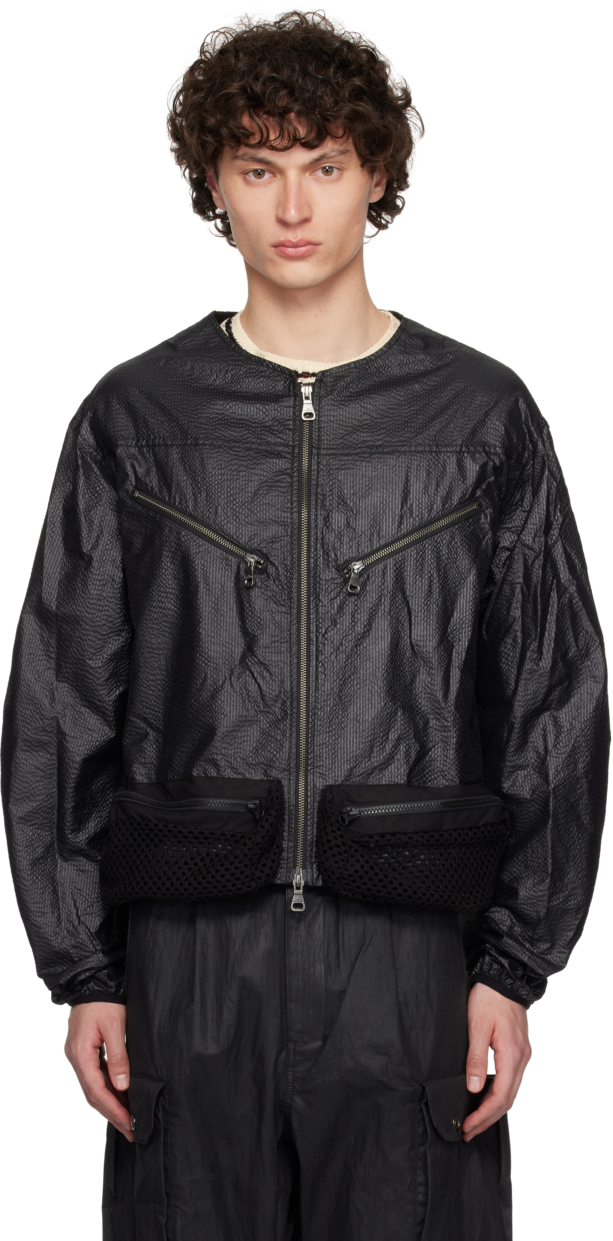 Black Convex Collarless Bomber Jacket
