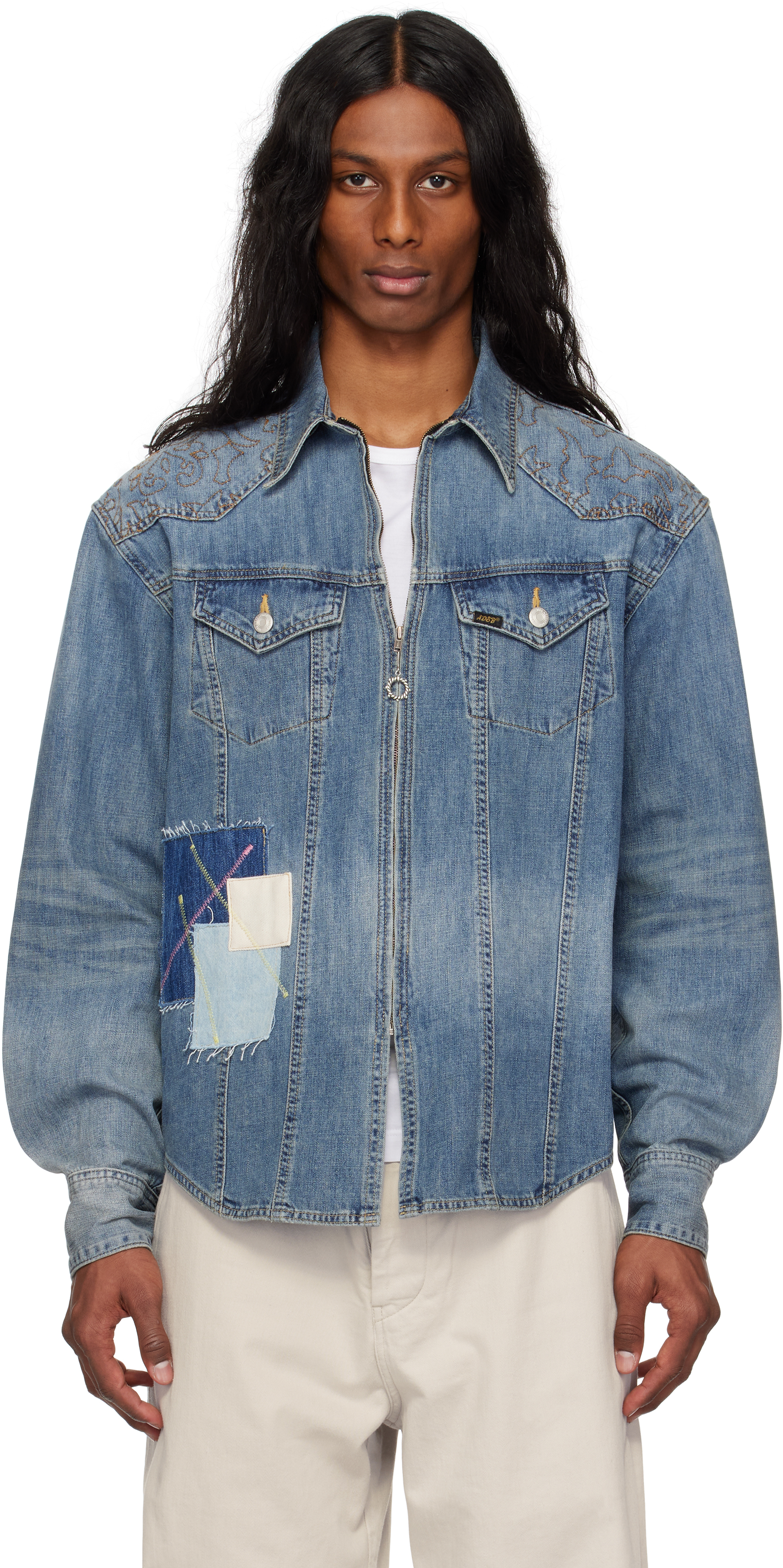 Blue Embroidery Patchwork Denim Shirt