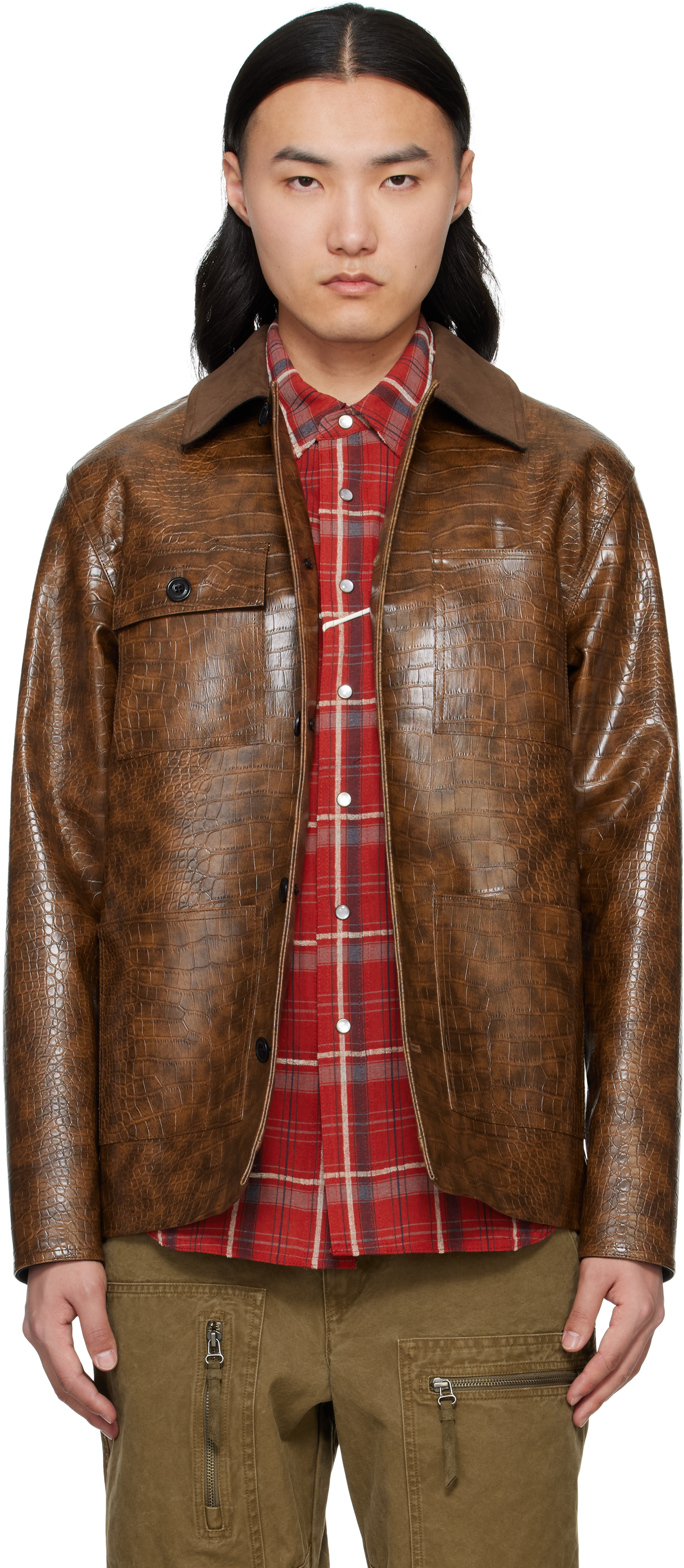 Brown Work Faux-Leather Jacket