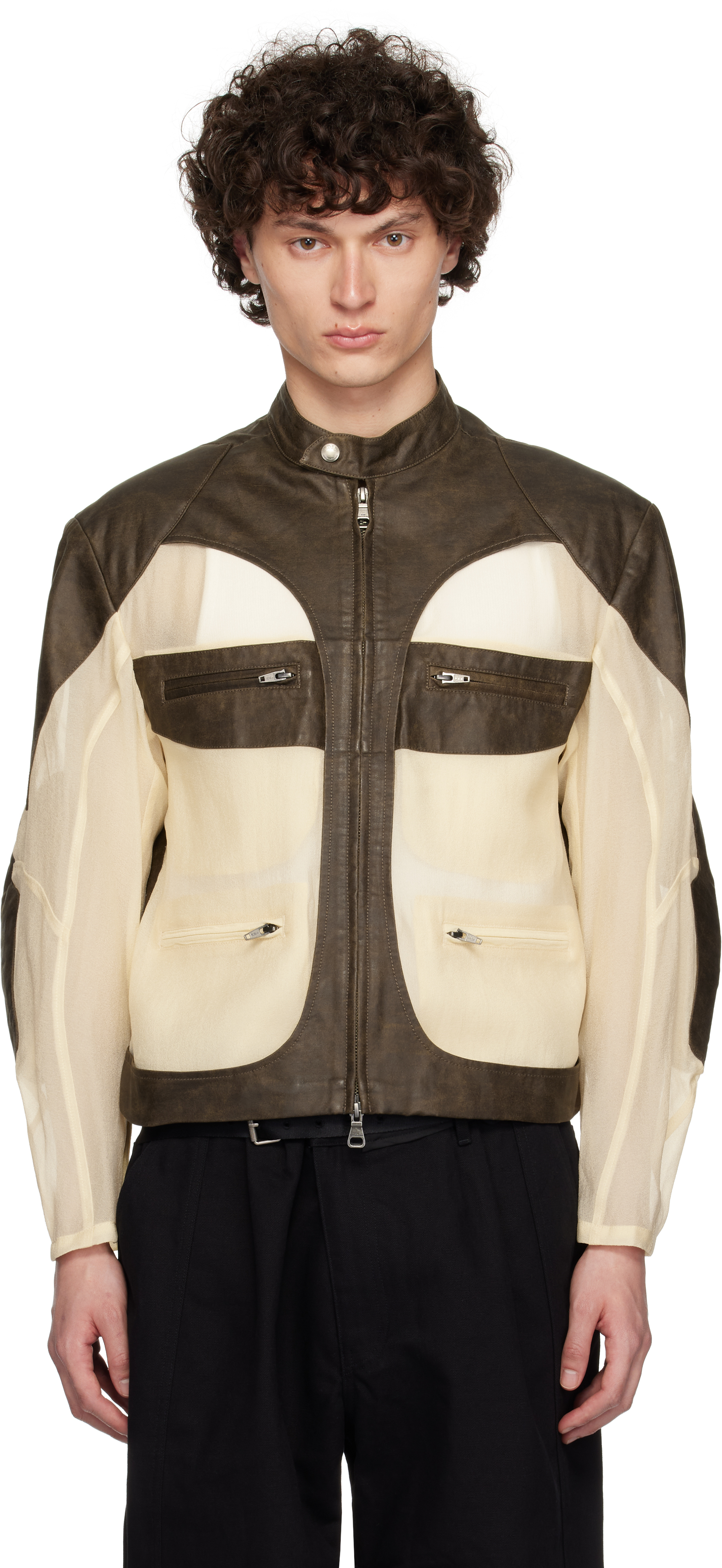 Brown & Off-White Faux-Leather & Sheer Rider Jacket