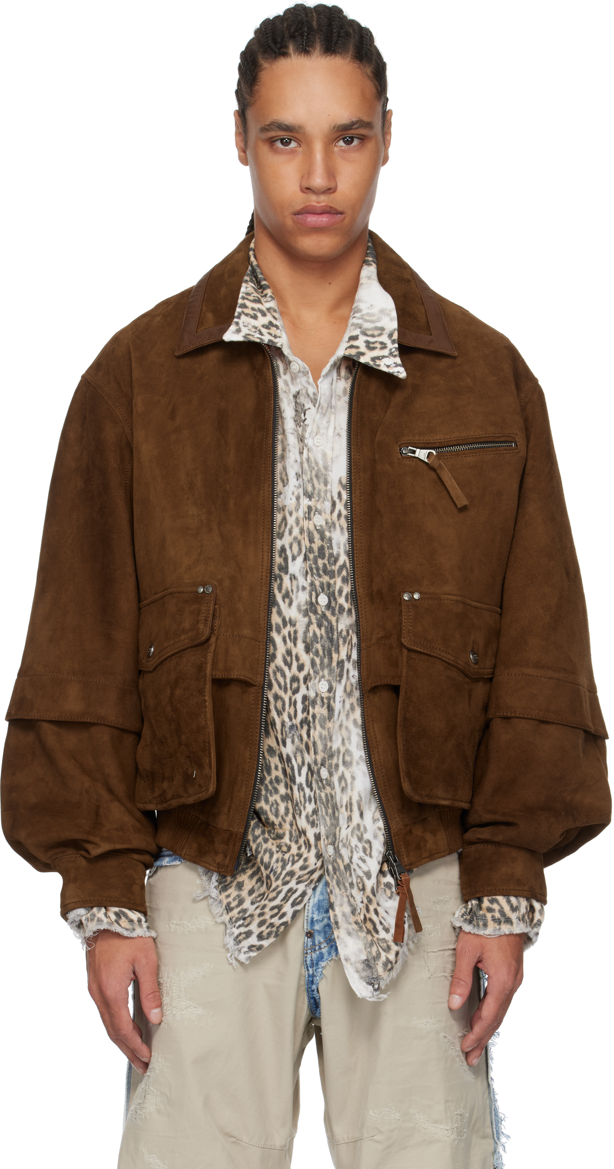 Brown Mikoos Suede Bomber Jacket