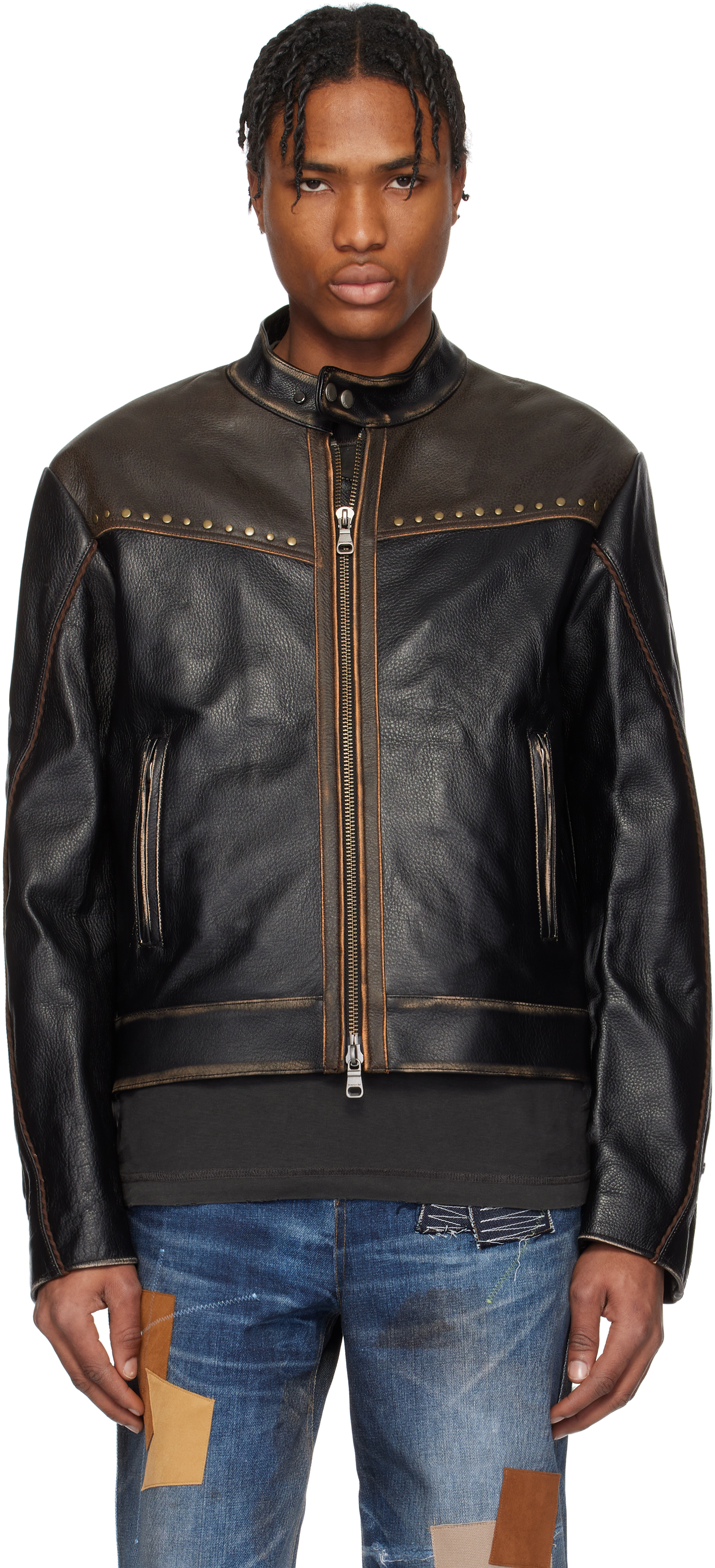 SSENSE Exclusive Brown 
Black Vintage Biker Leather Jacket