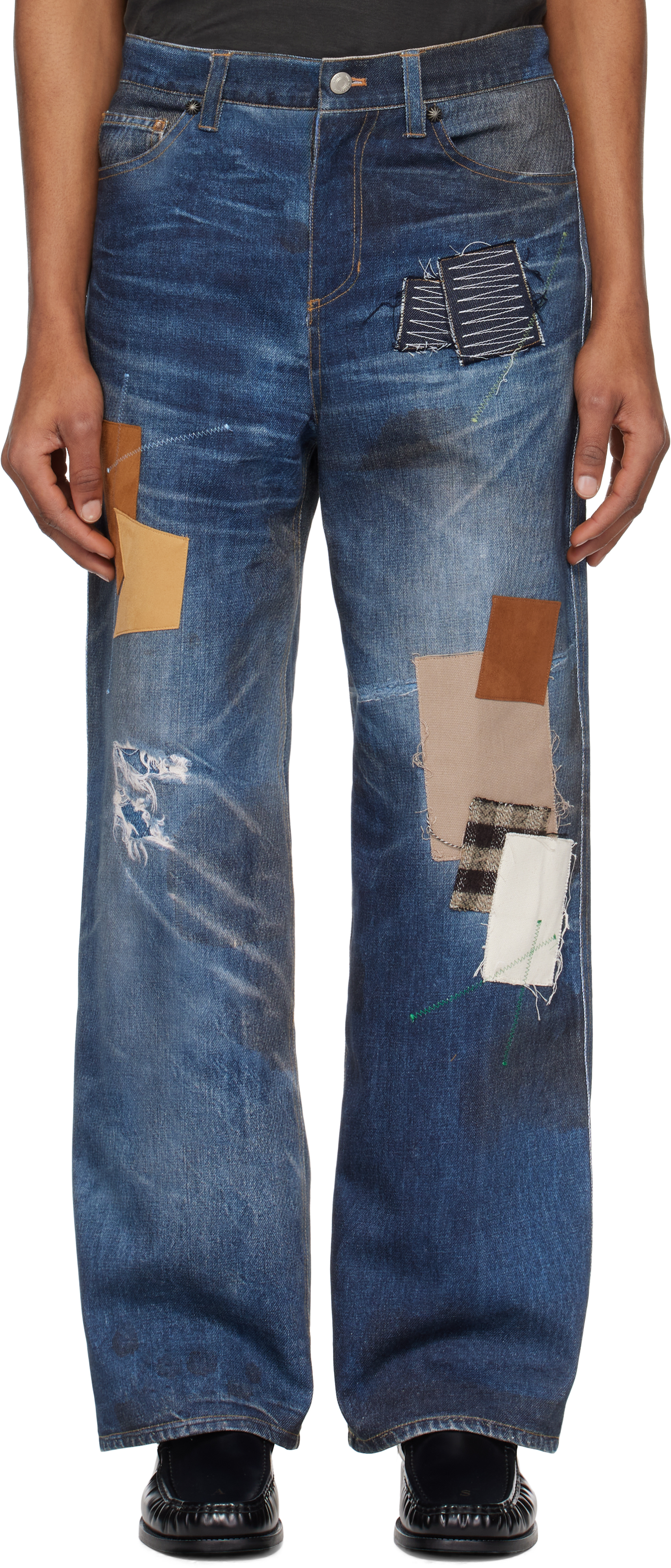 Navy Patchwork Printed Denim Trompe L
oeil Jeans