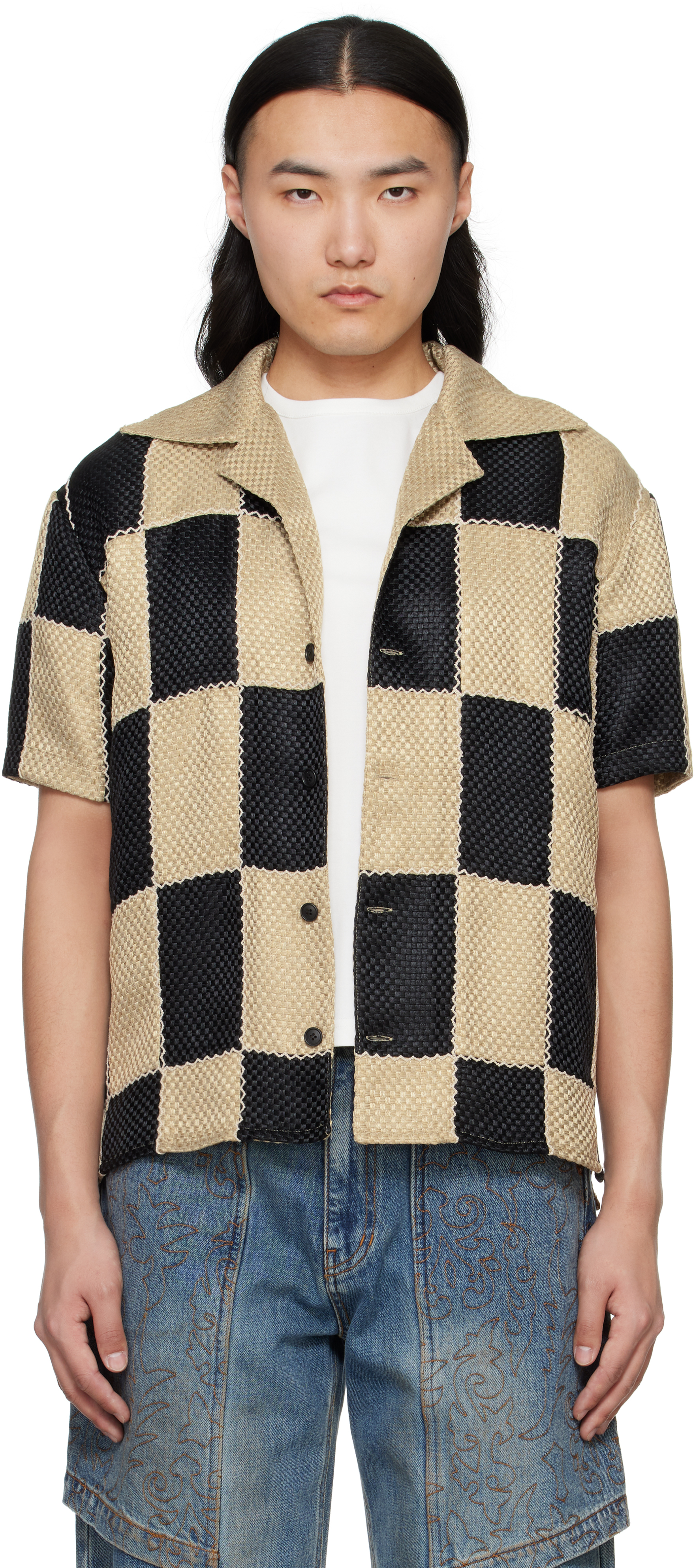 Black 
Beige Patchwork Open Collar Shirt