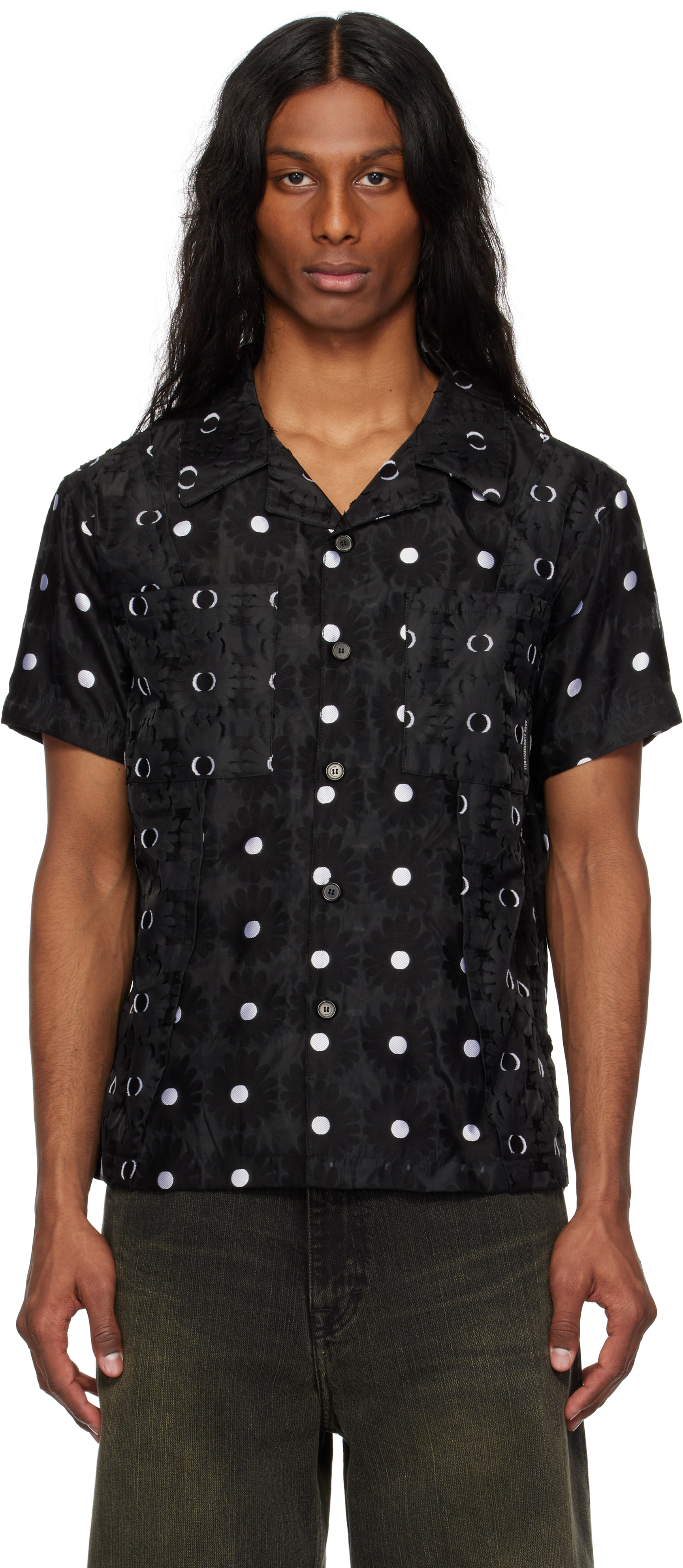 Black Half Sheer Flower Shirt