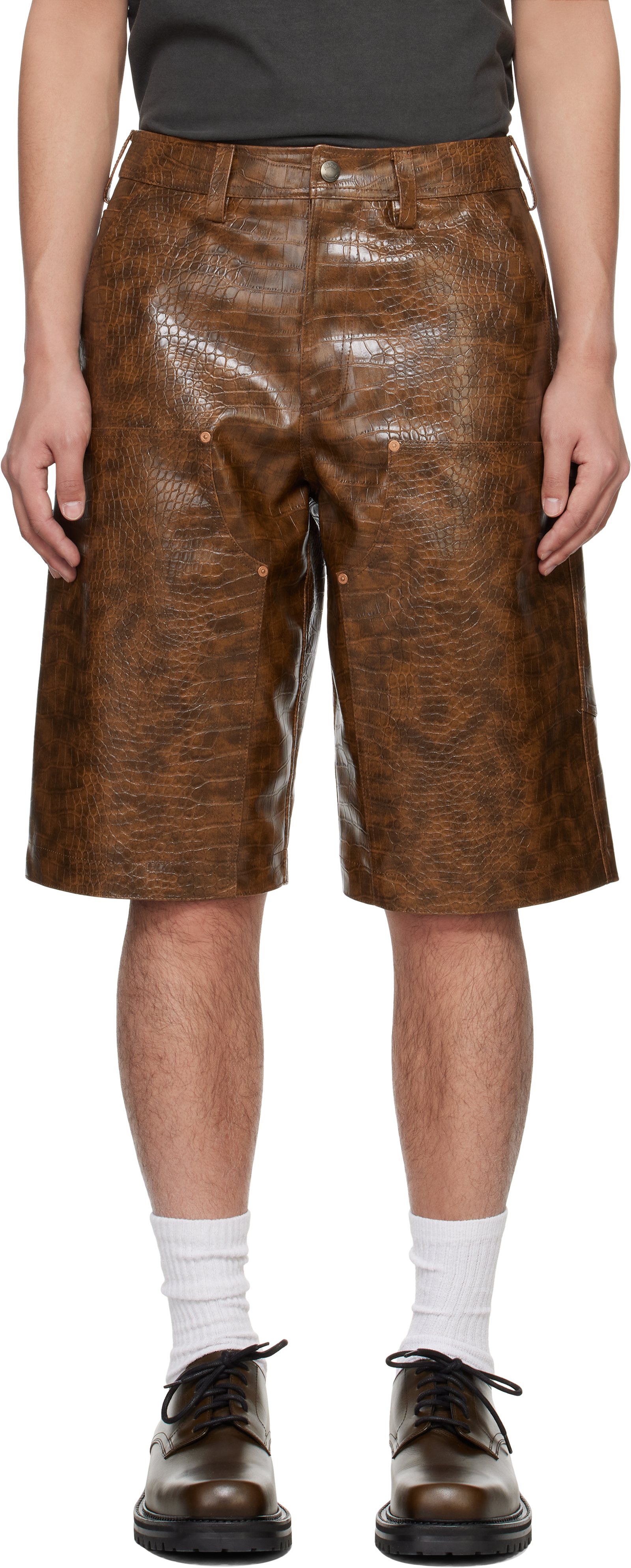 Brown Double Knee Faux-Leather Shorts