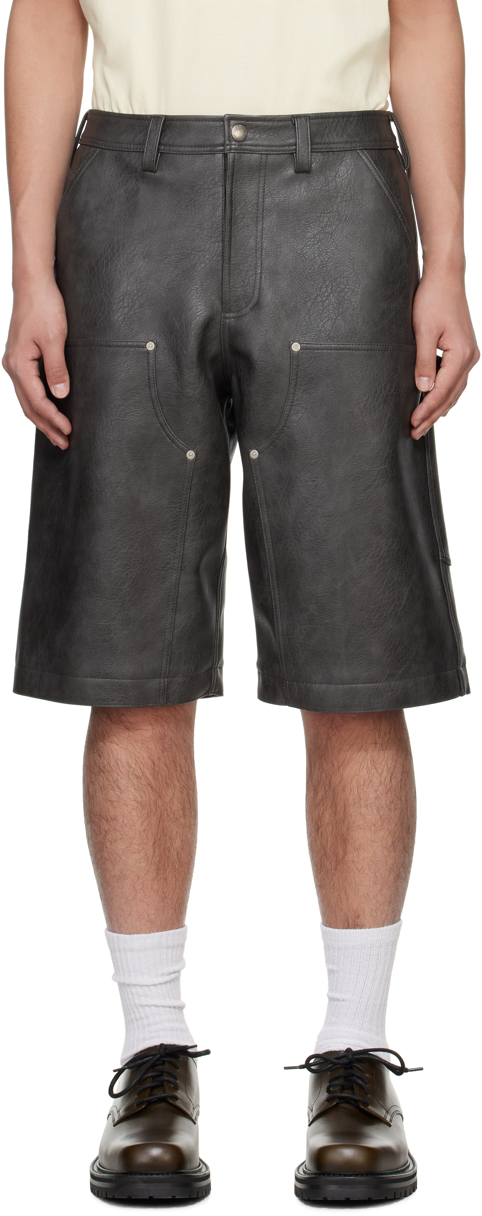 Gray Double Knee Faux-Leather Shorts