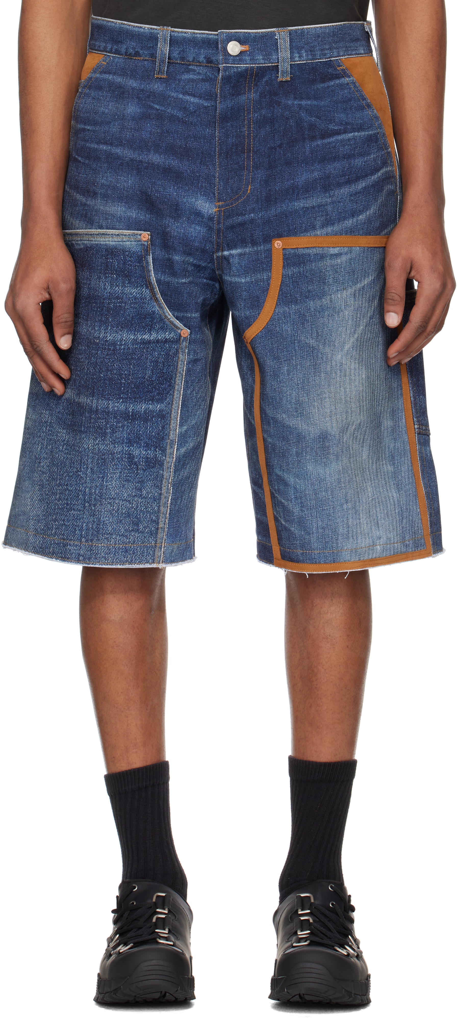 Navy Trompe L
oeil Double Knee Denim Shorts