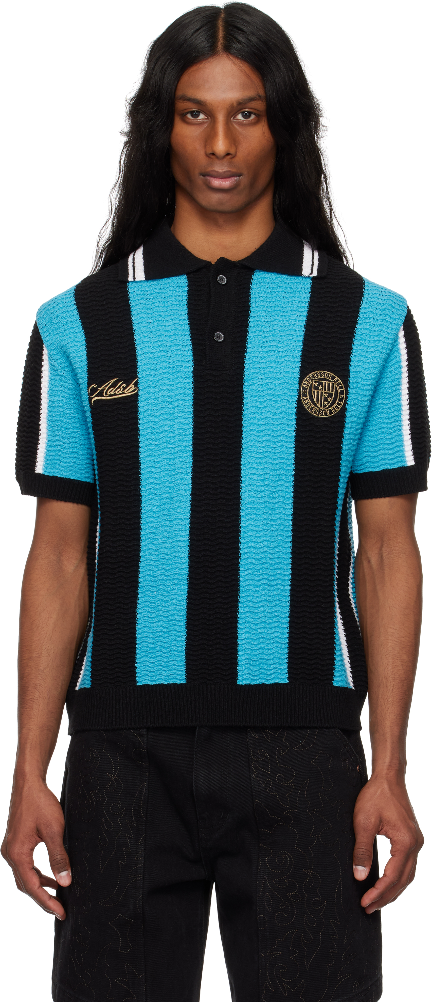 Black & Blue Stripe Soccer Sweater Polo